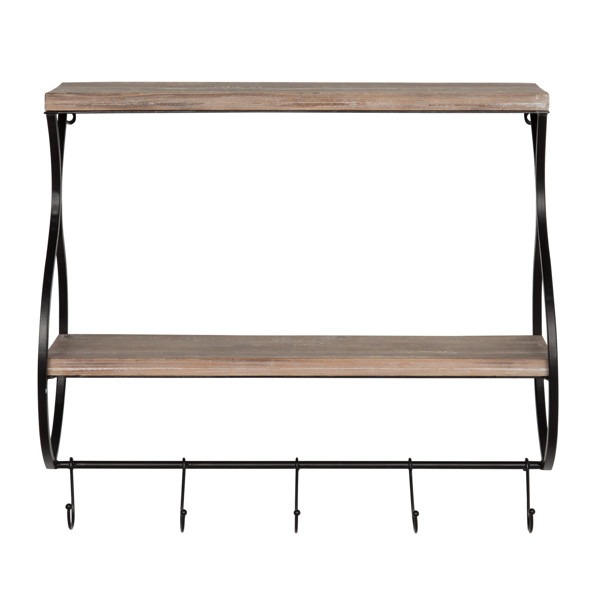 Kate and Laurel Spurling Wood and Metal Floating Wall Shelf with Hooks Rustic Black kateandlaurel