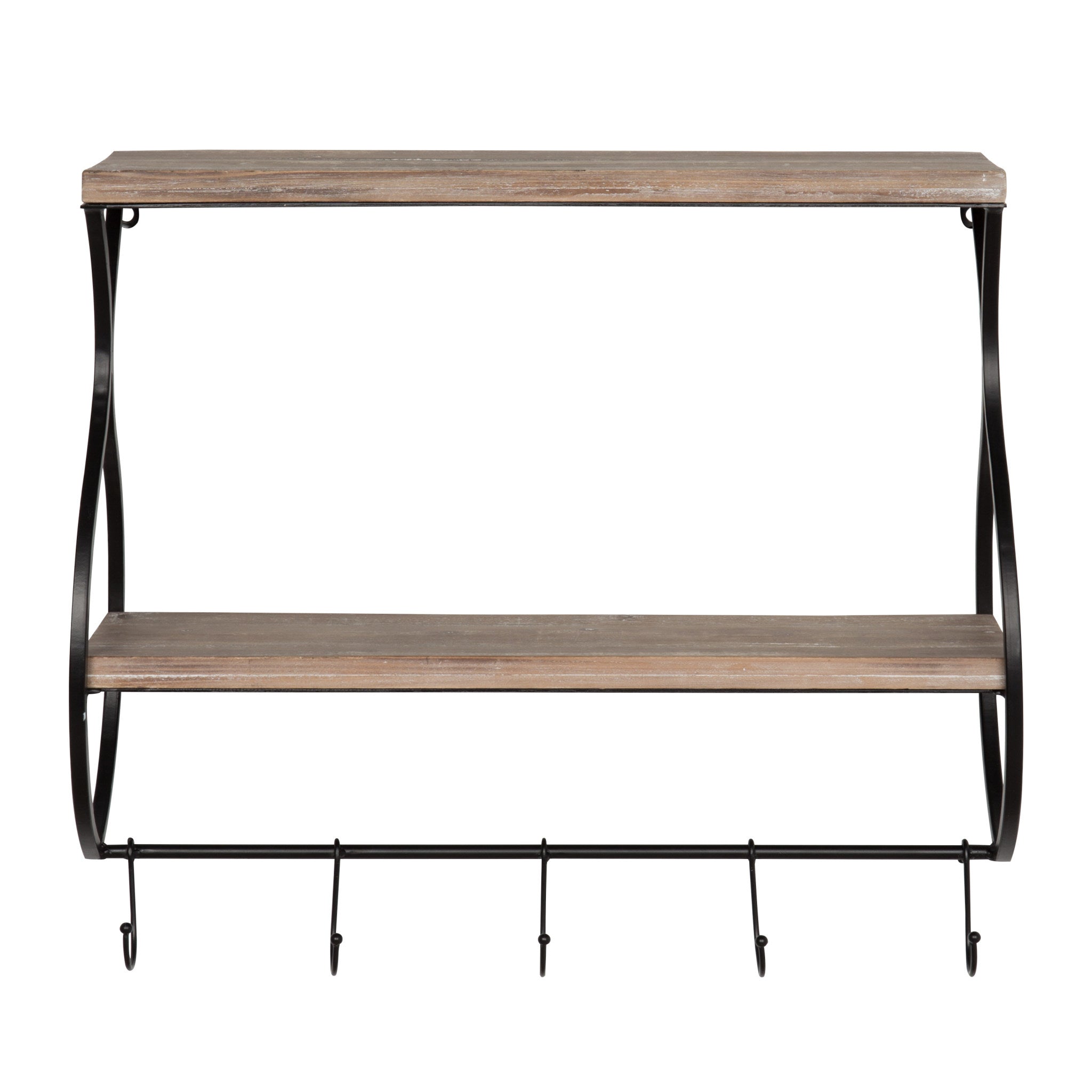 Spurling Wood and Metal Floating Wall Shelf with Hooks