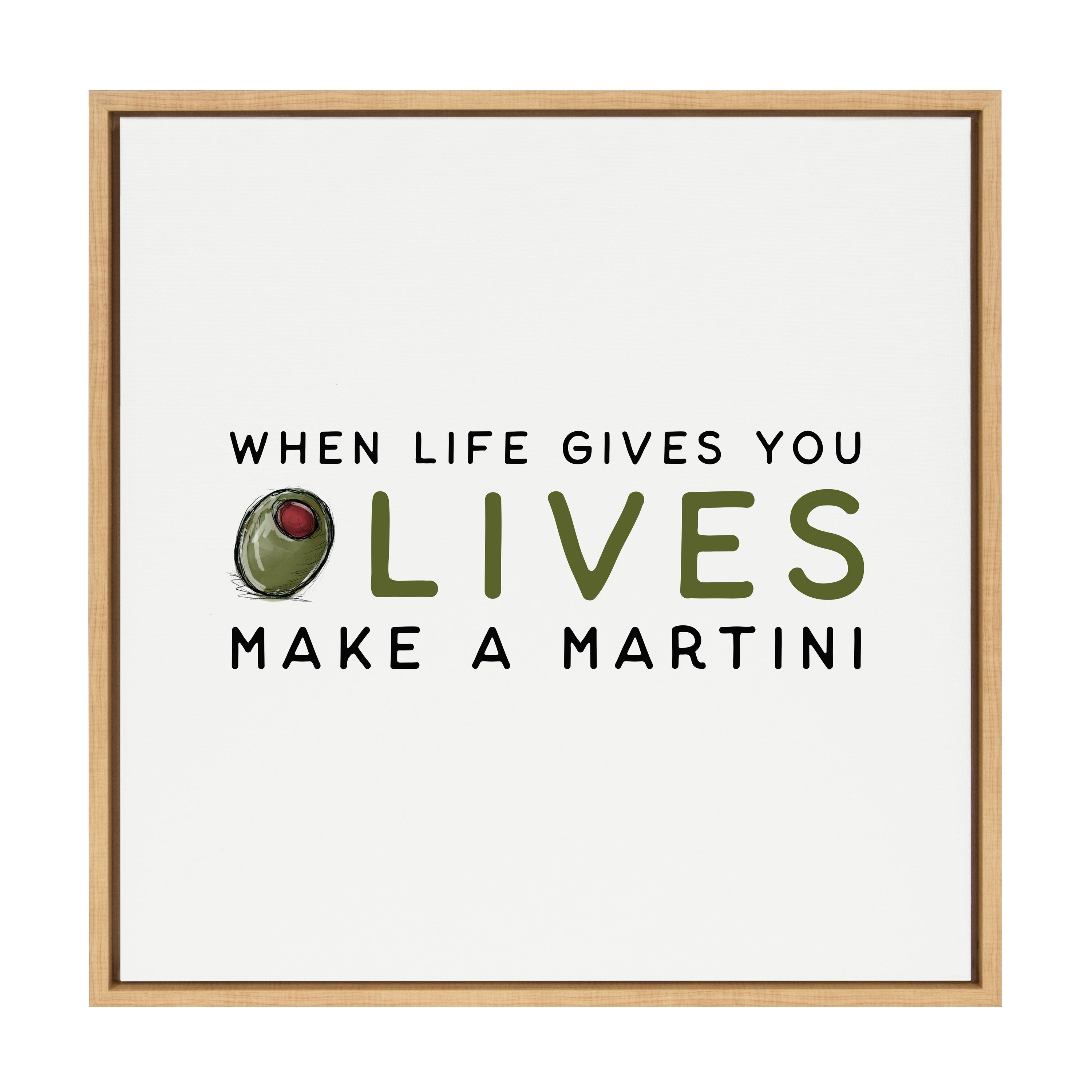 Sylvie Cocktail Quote Olive Martini Framed Canvas by The Creative Bunch Studio