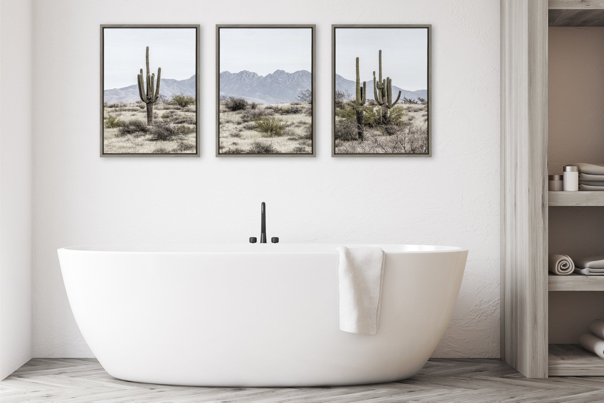 Sylvie Tall Saguaro Cacti Desert Mountain Left, Middle and Right Framed Canvas by The Creative Bunch Studio