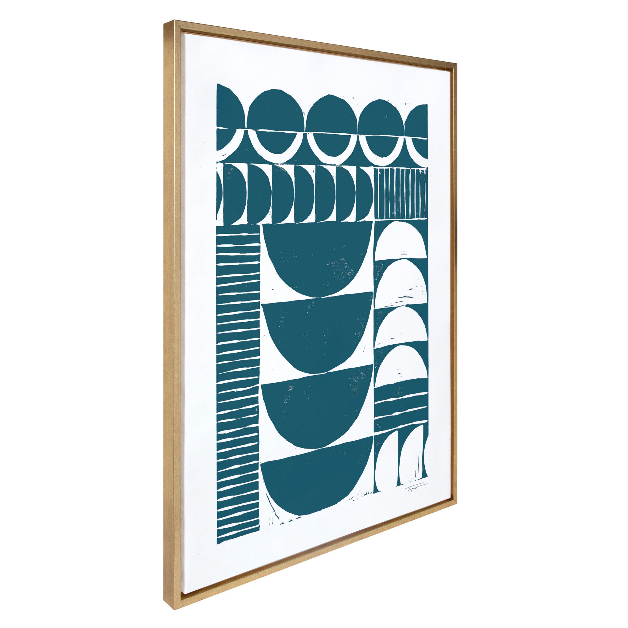 Sylvie Modern Circular Pattern Block Print Teal Framed Canvas by Statement Goods