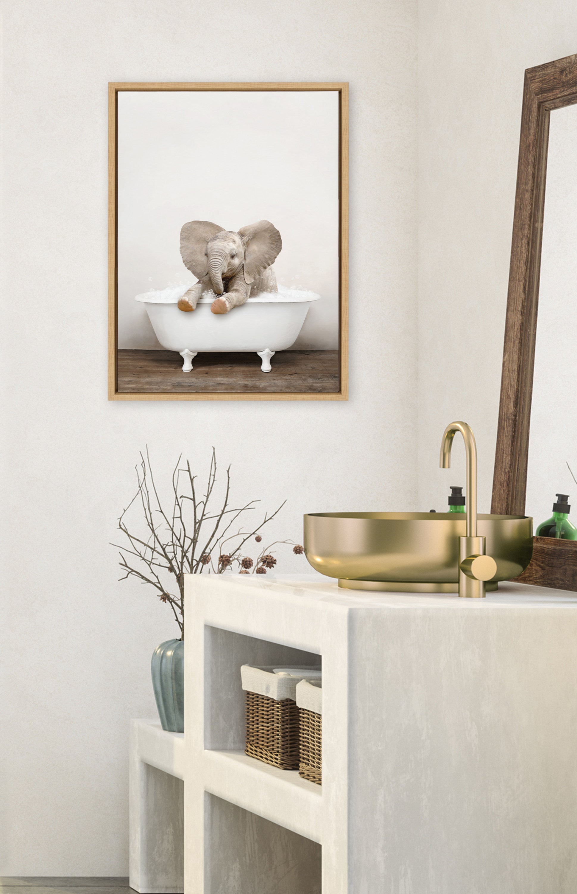 Sylvie Baby Elephant No 6 in Rustic Bath Framed Canvas by Amy Peterson Art Studio