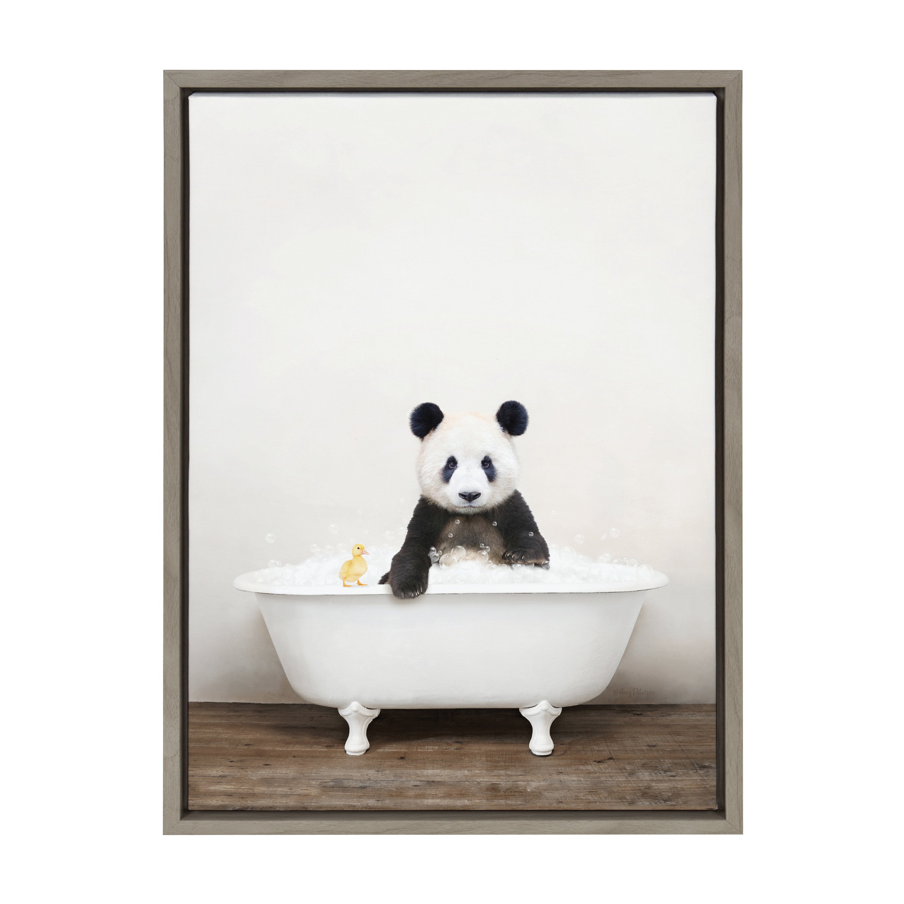 Sylvie Panda Waving in Rustic Bath Framed Canvas by Amy Peterson Art Studio