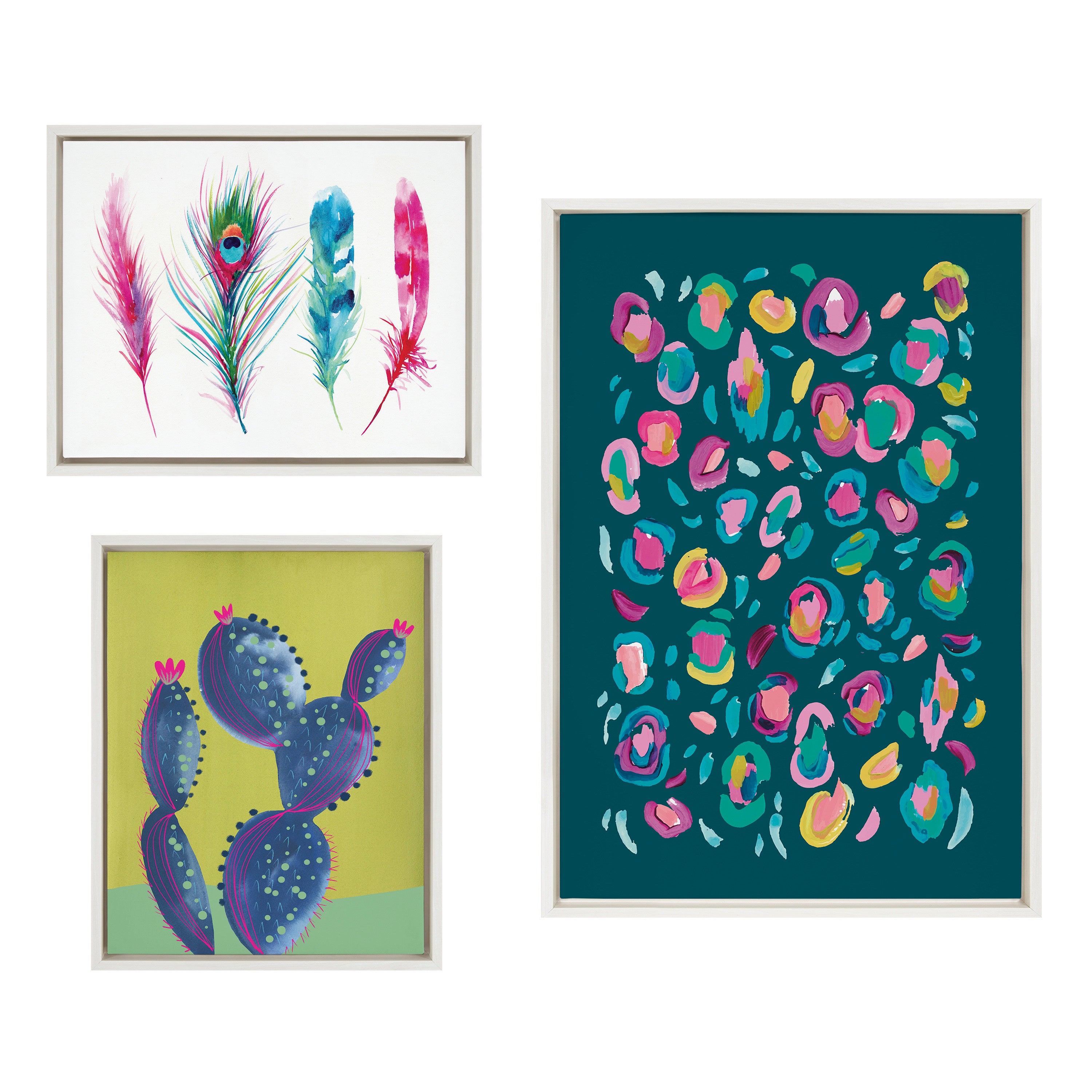 Sylvie Leopard 3, Feather Four and 800 Folk Cactus v2 Framed Canvas by Jessi Raulet of Ettavee
