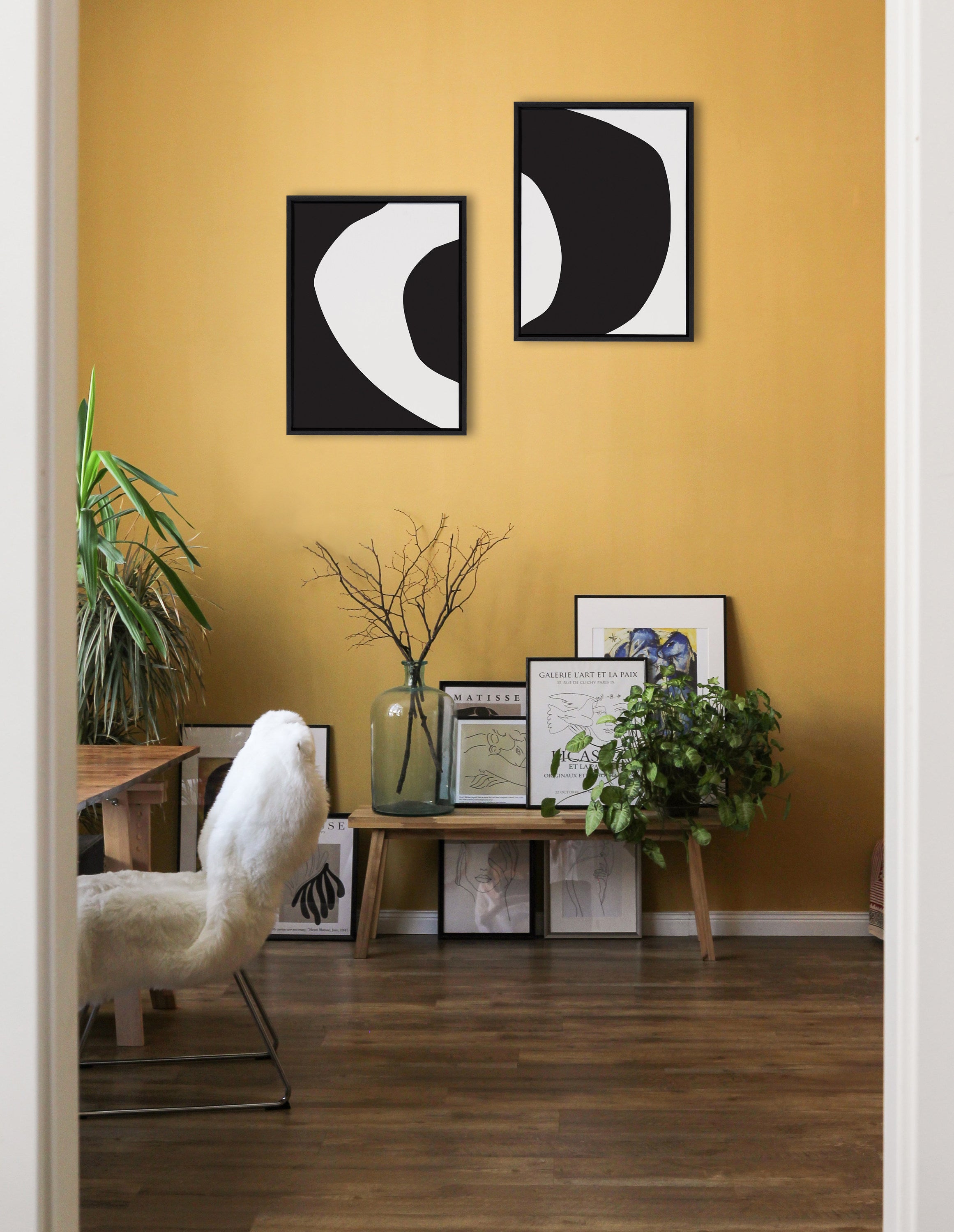 Sylvie Minimal Modern Organic Abstraction 1 and 2 Black and White Framed Canvas Art Set by The Creative Bunch Studio