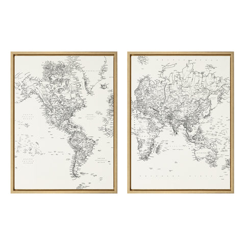 Sylvie Black and White Modern Retro World Map Framed Canvas Set by The Creative Bunch Studio