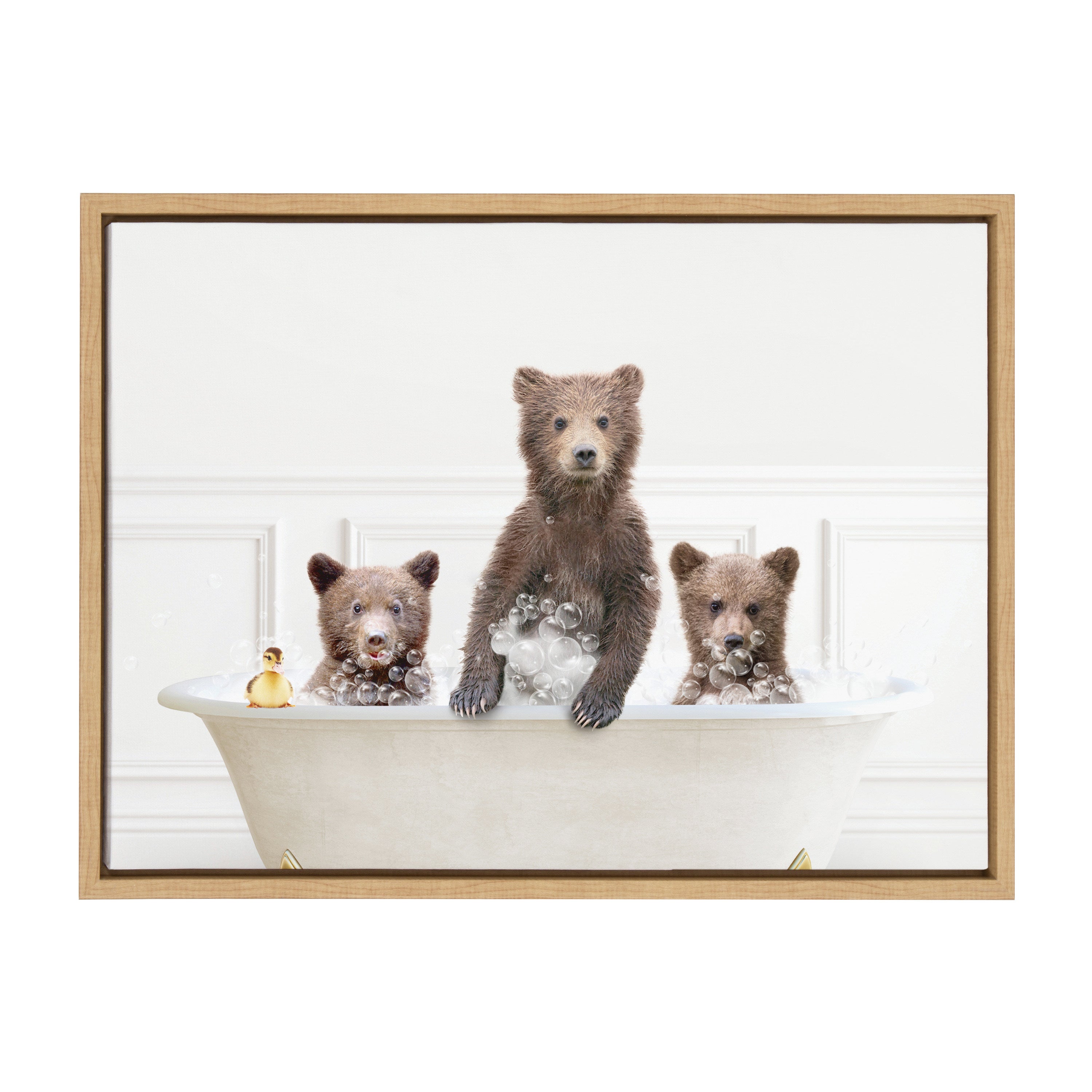 Sylvie Three bears In Bubble Bath Neutral Style Framed Canvas by Amy Peterson Art Studio