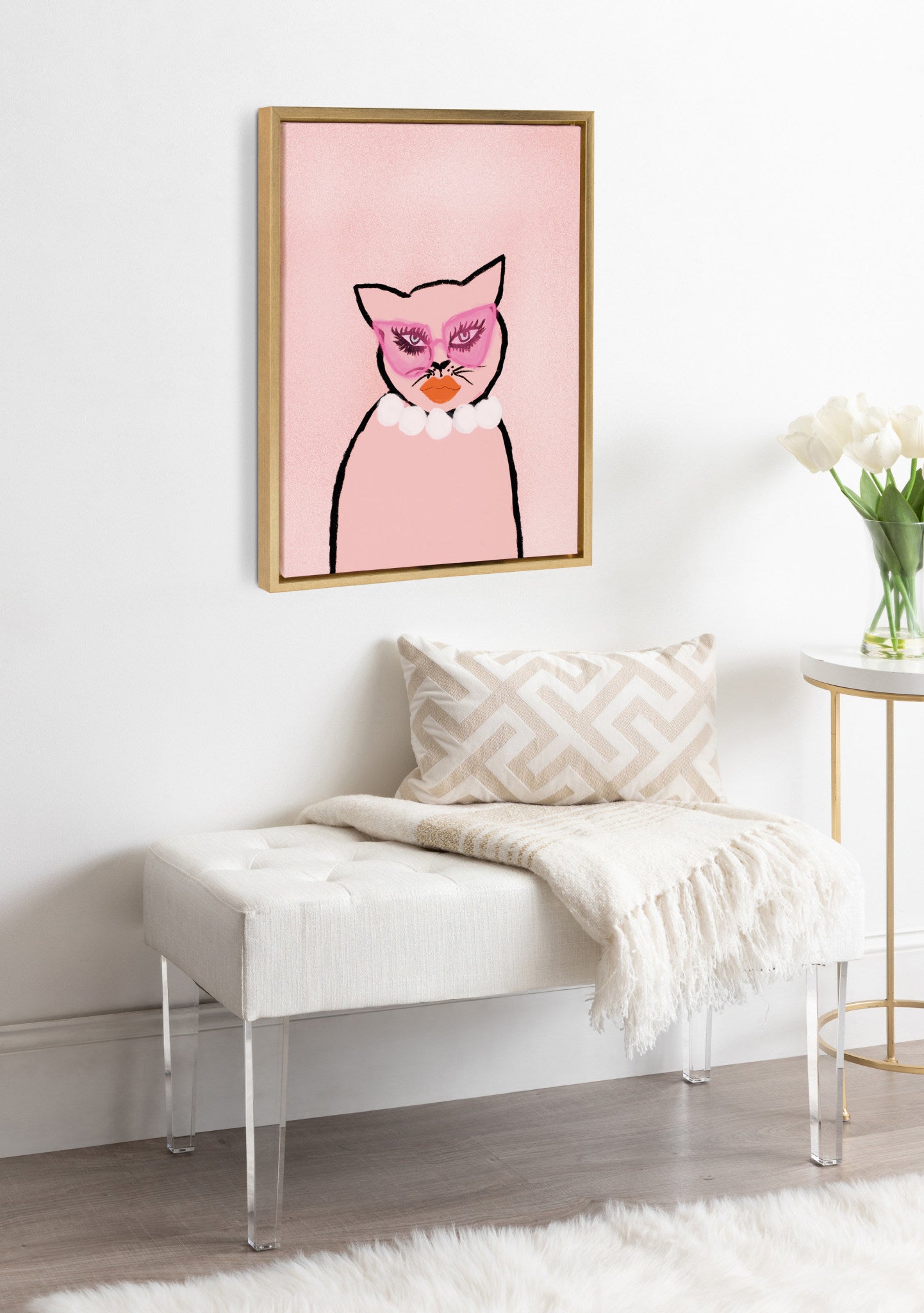 Sylvie Cat in Pearls Framed Canvas by Bouffants and Broken Hearts