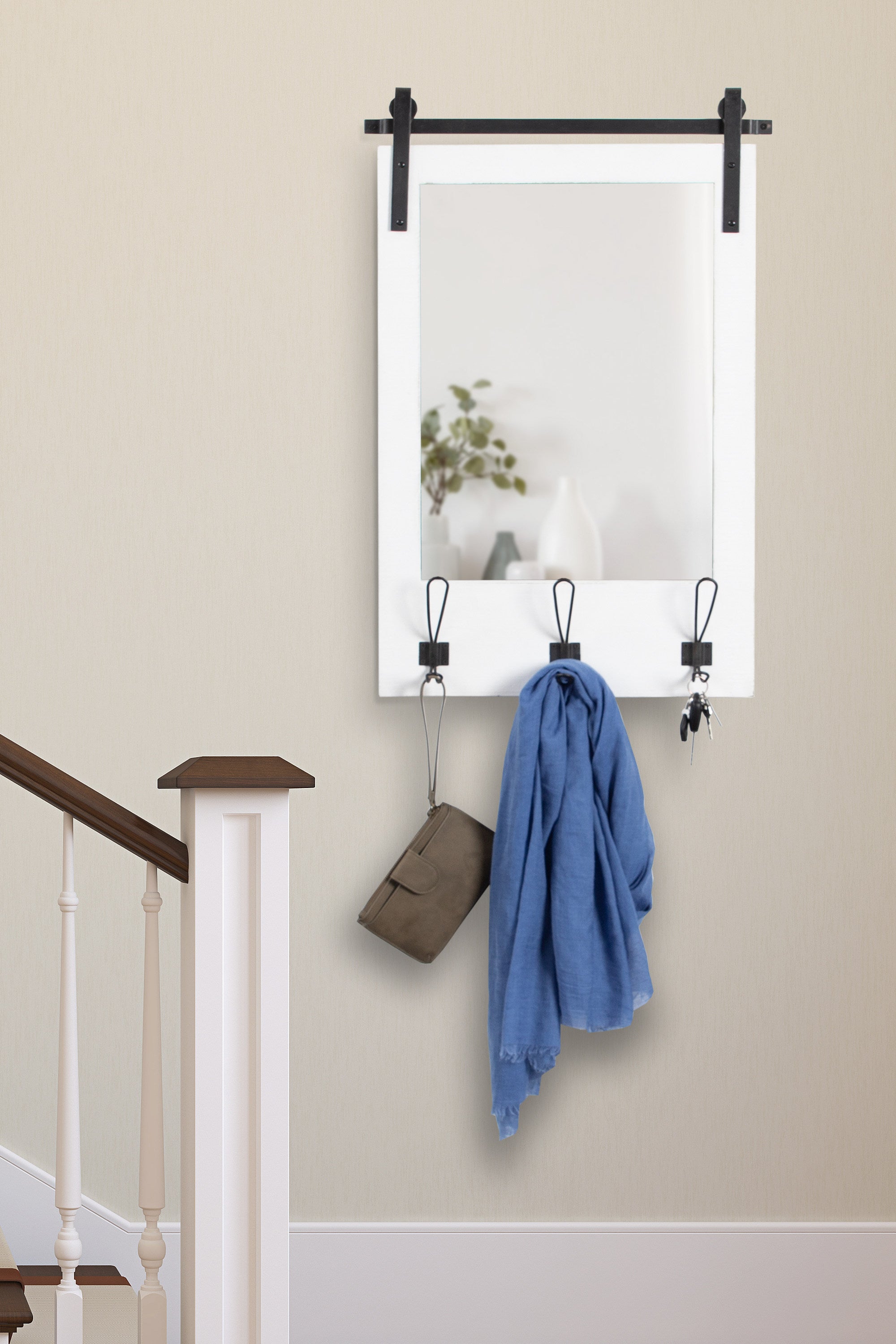Cates Wood Framed Wall Mirror with Hooks