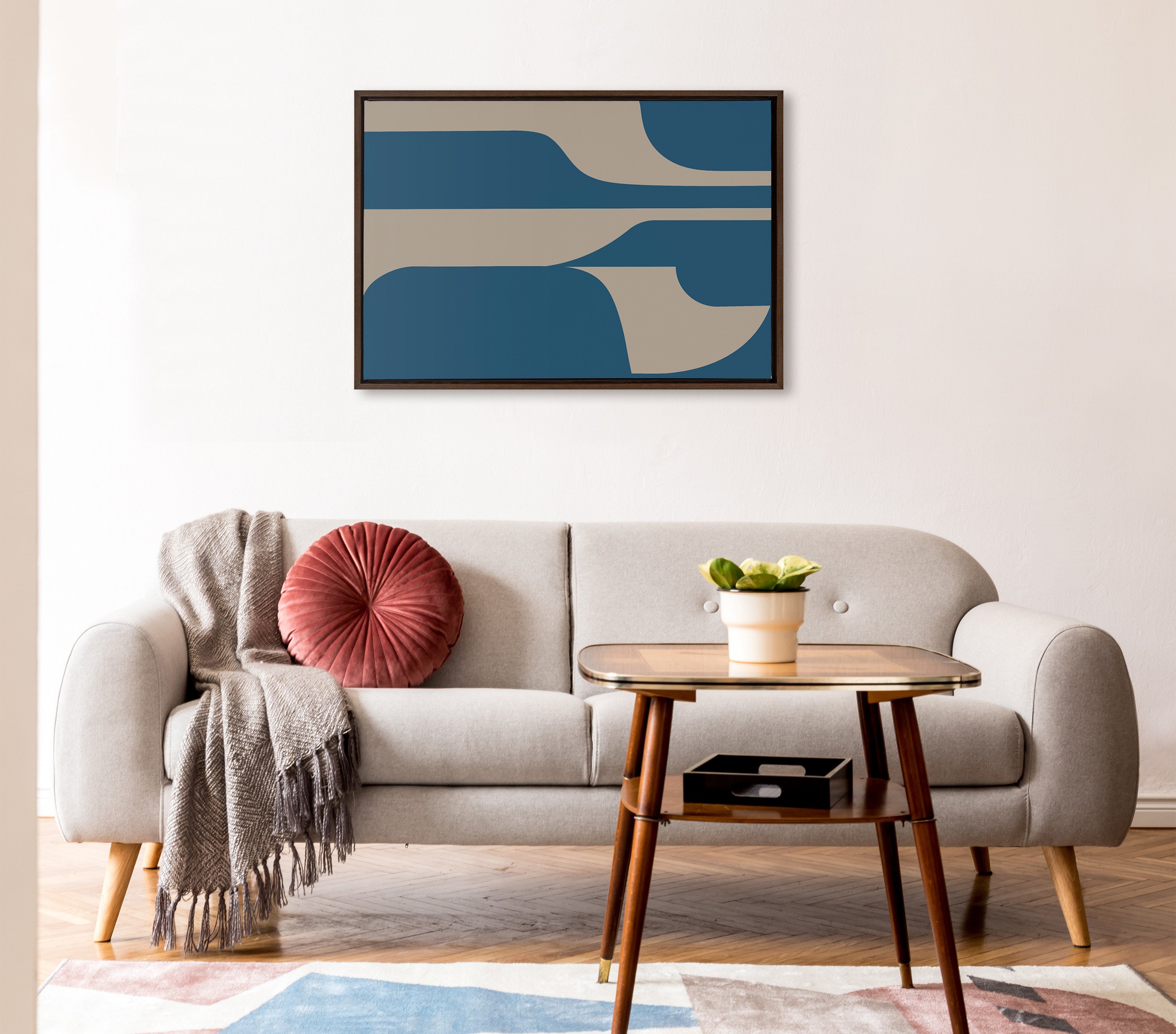 Sylvie Eye Catching Sleek Abstract 6 Teal and Tan Framed Canvas by The Creative Bunch Studio