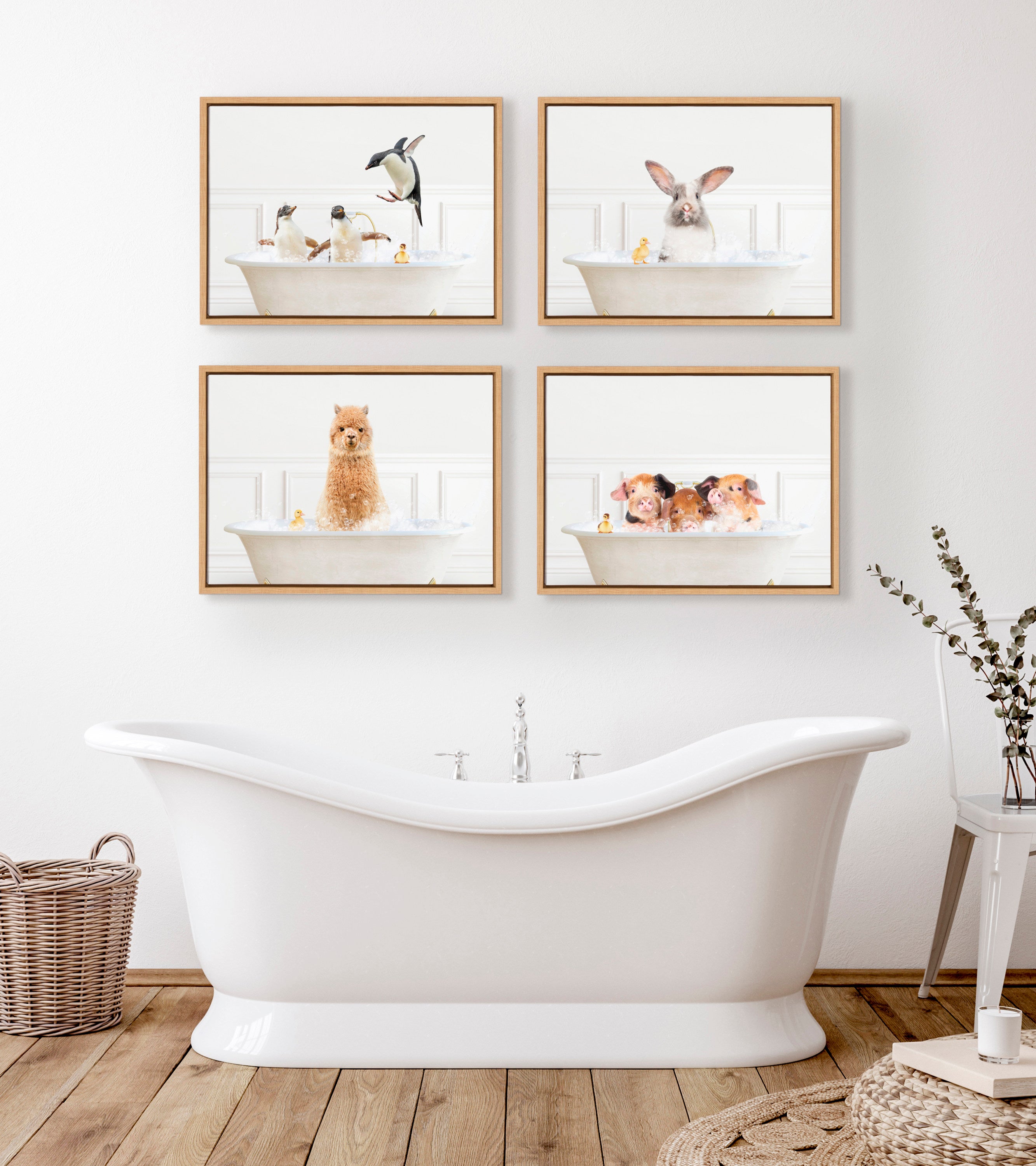 Sylvie Penguins In Bubble Bath Neutral Style Framed Canvas by Amy Peterson Art Studio