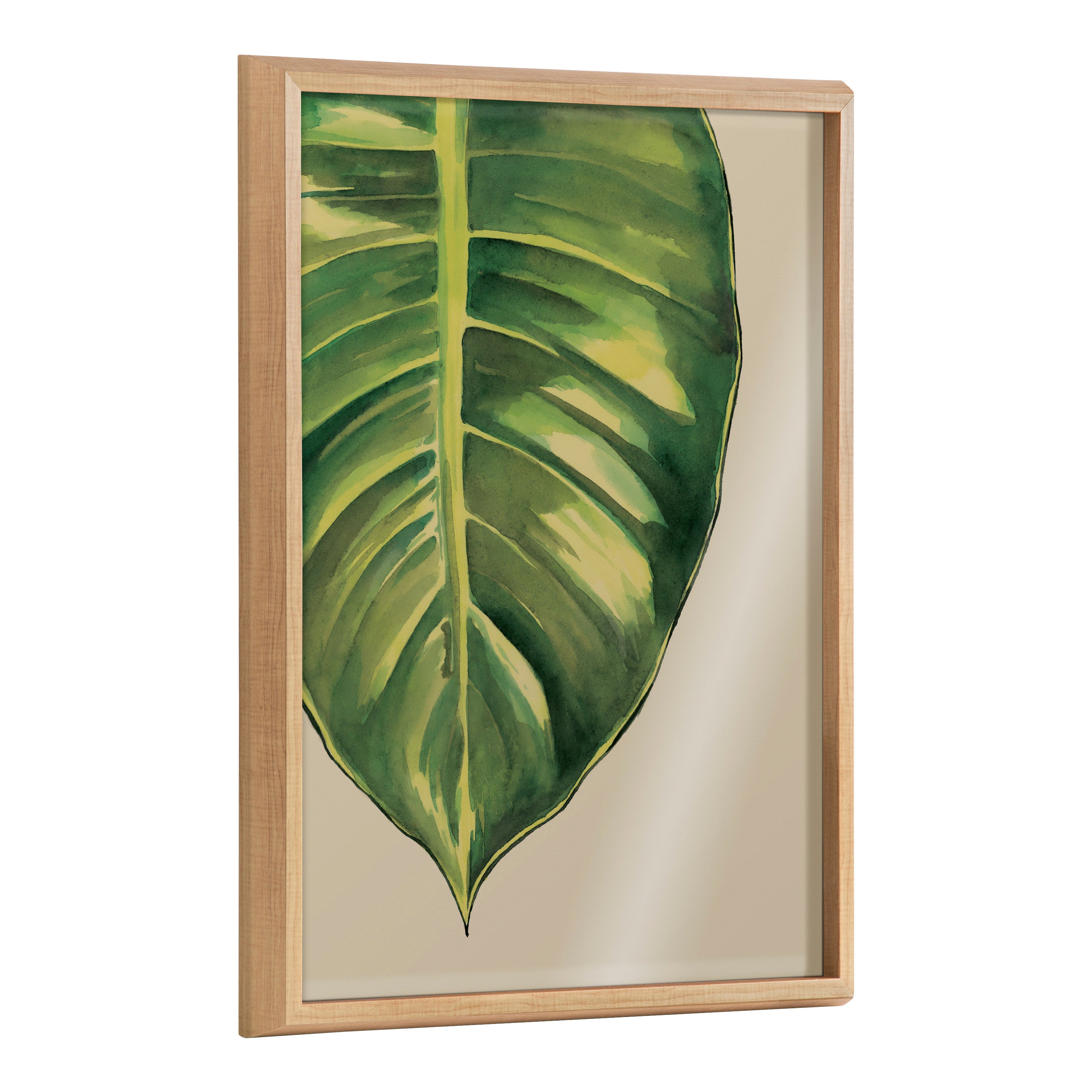 Blake Large Leaf Greener Hue Neutral Framed Printed Glass by Emily Marie Watercolors