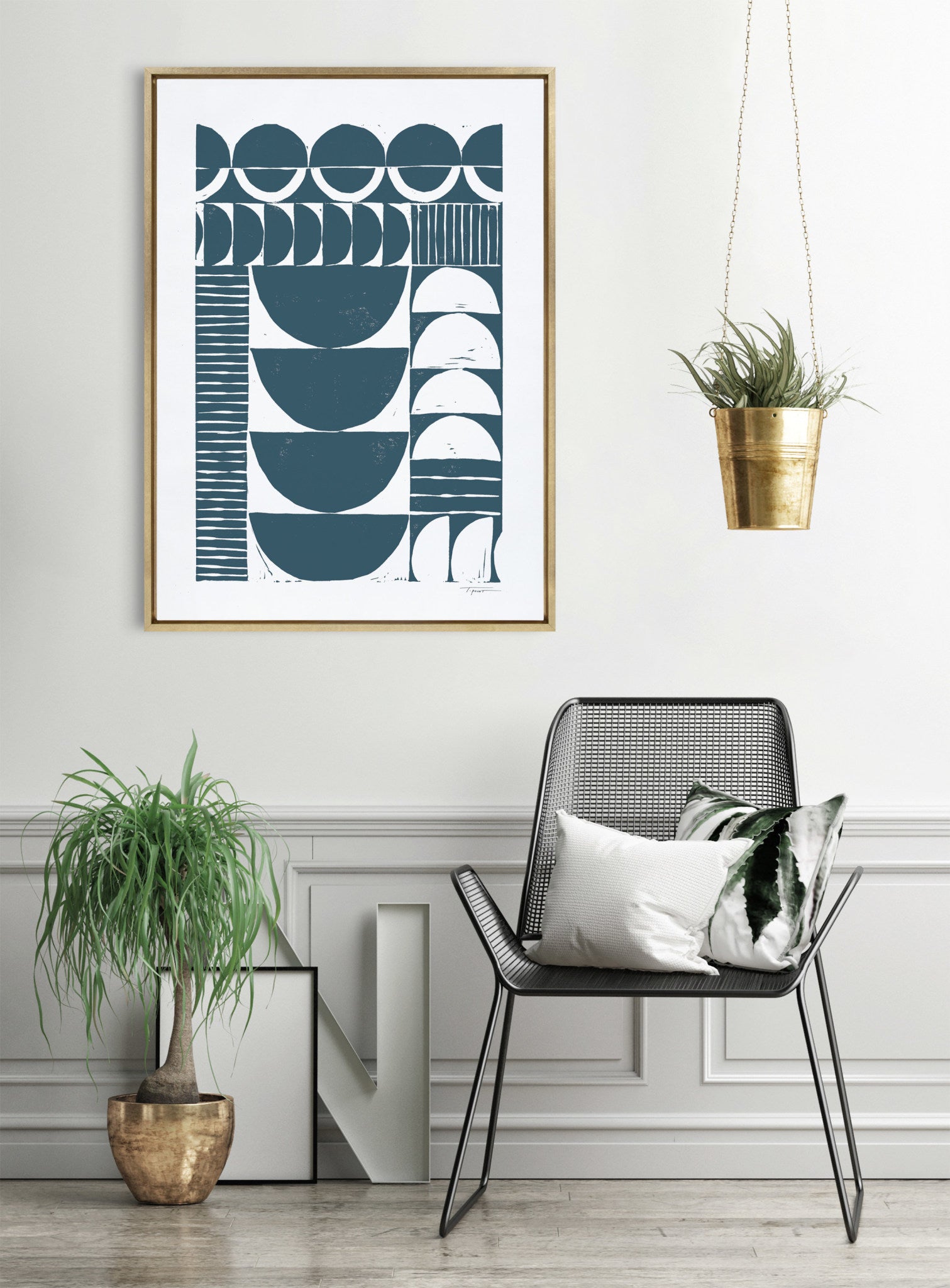 Sylvie Modern Circular Pattern Block Print Teal Framed Canvas by Statement Goods