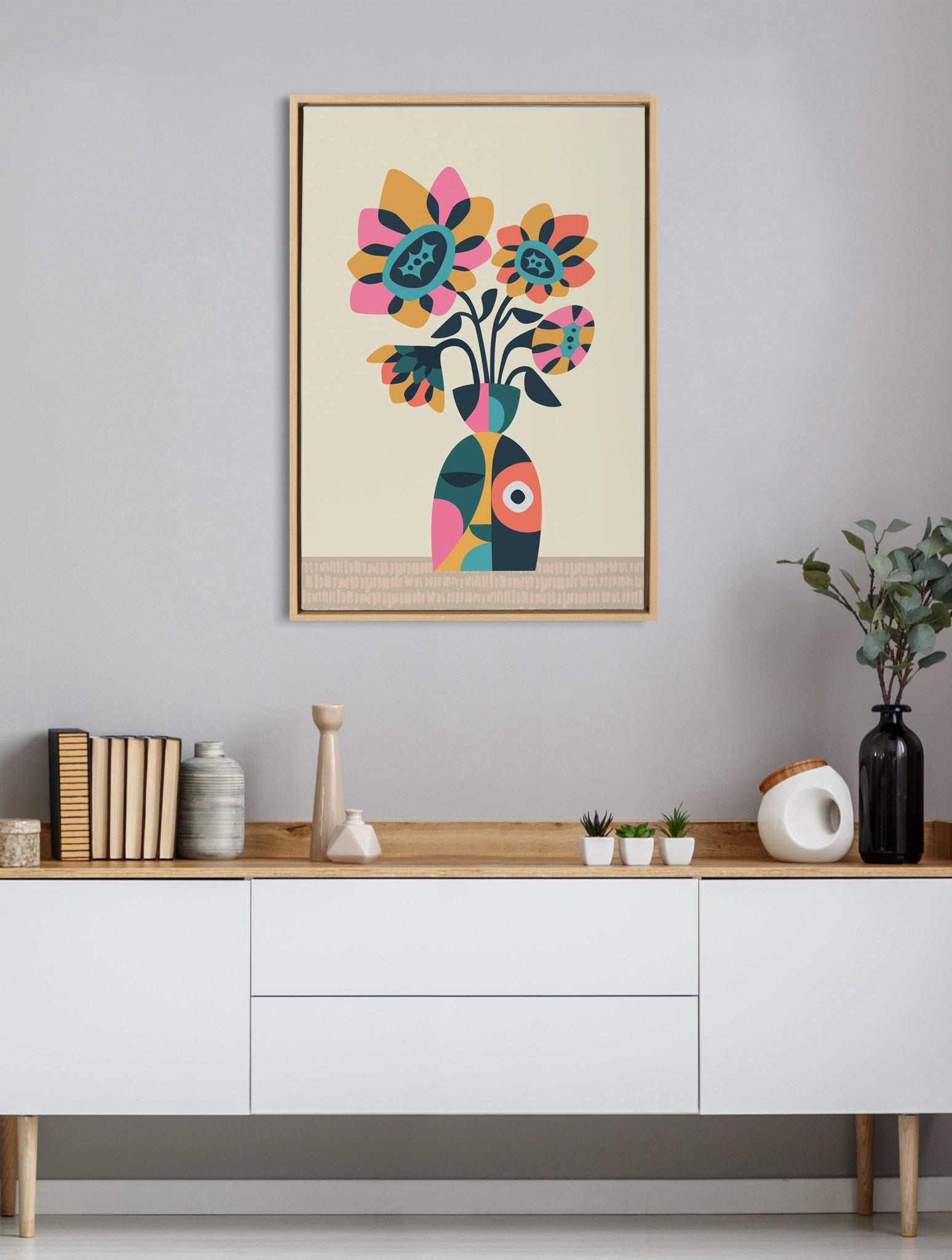Sylvie Mid Century Modern Sunflowers Framed Canvas by Rachel Lee of My Dream Wall