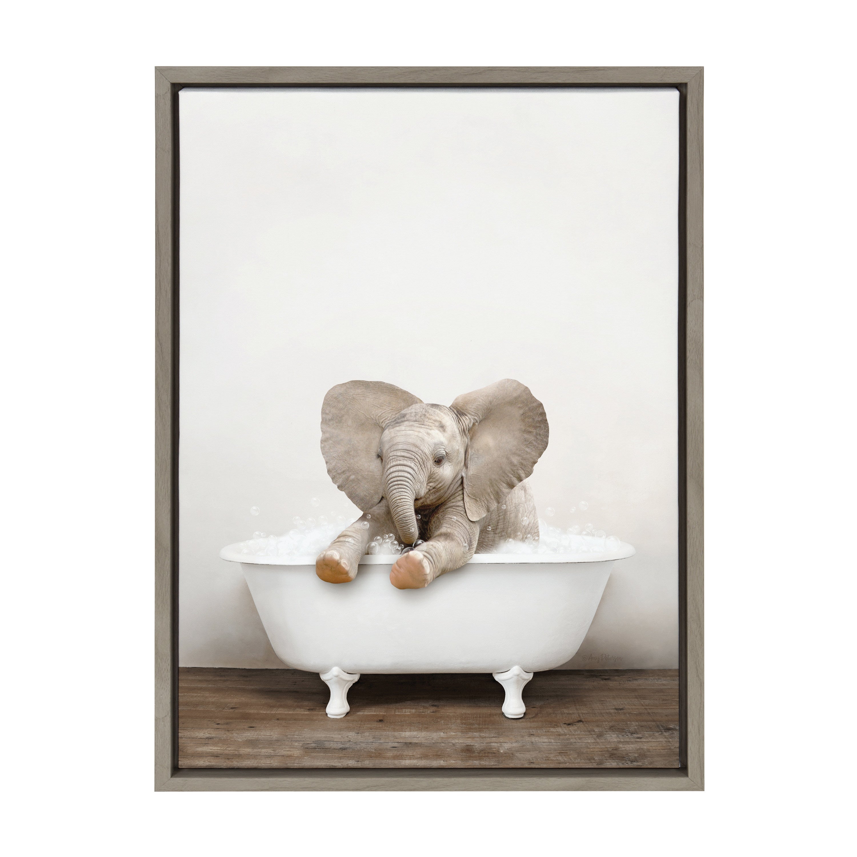 Sylvie Baby Elephant No 6 in Rustic Bath Framed Canvas by Amy Peterson Art Studio