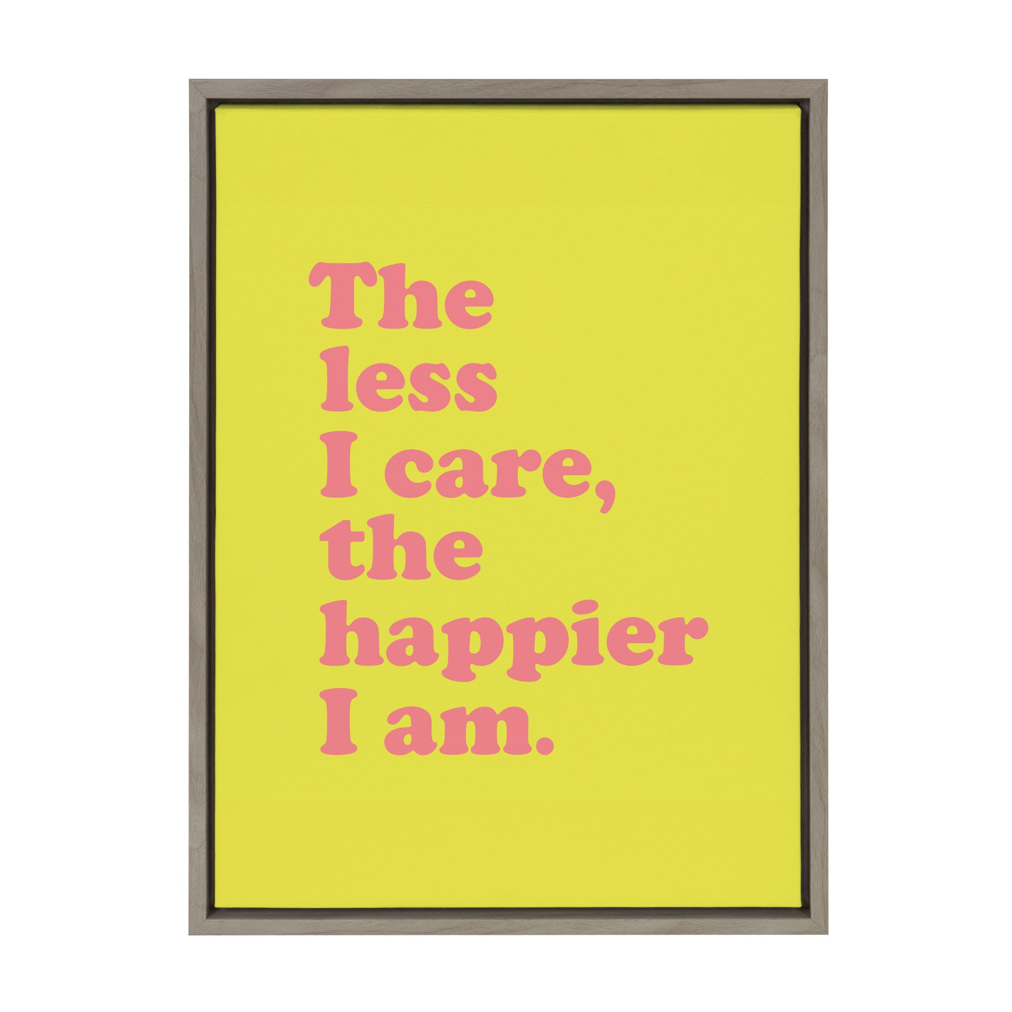 Sylvie Less I Care Happier I am in Yellow and Pink Framed Canvas by Apricot and Birch
