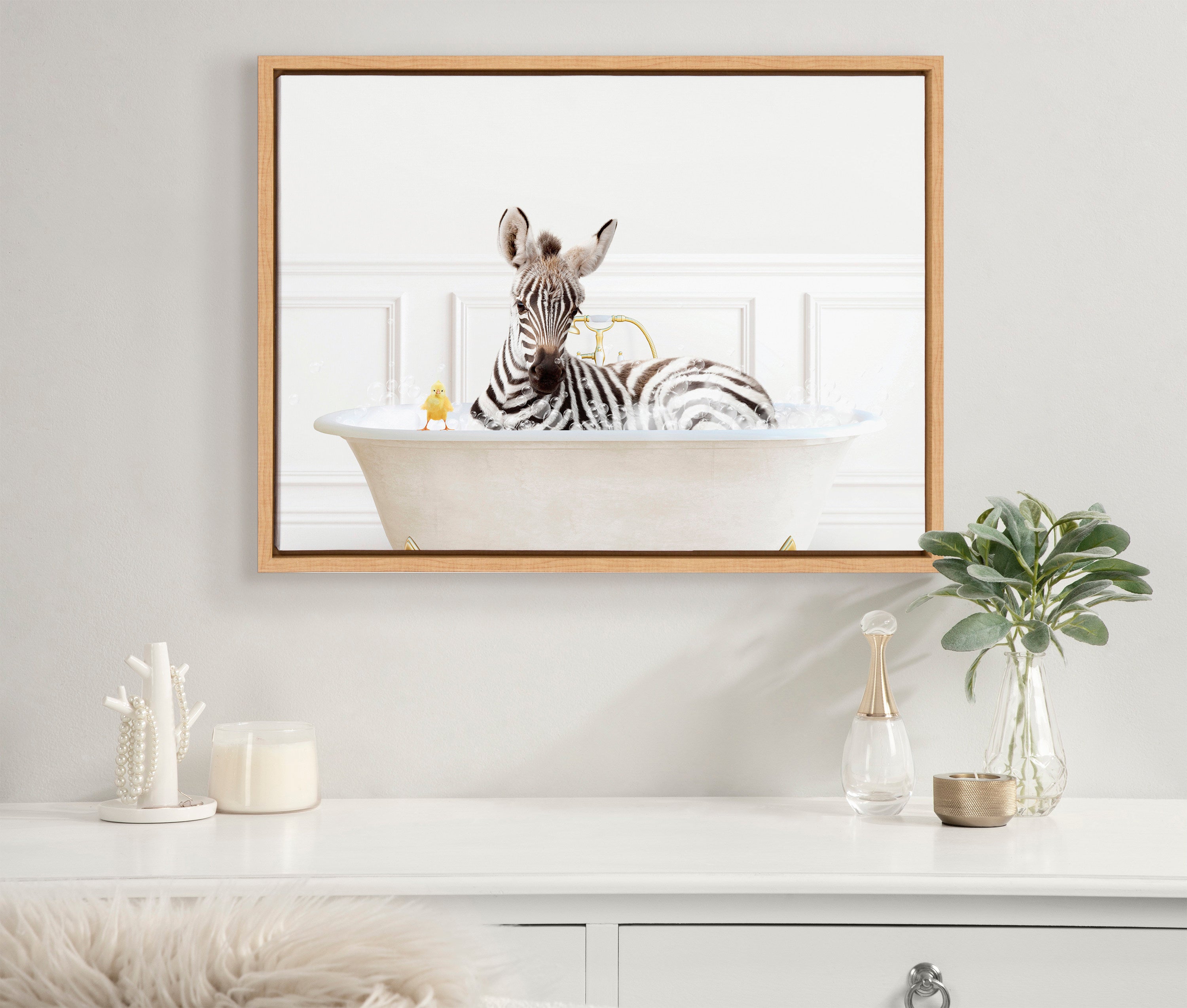 Kate and Laurel Sylvie Zebra In Bubble Bath Neutral Style Framed Canvas ...