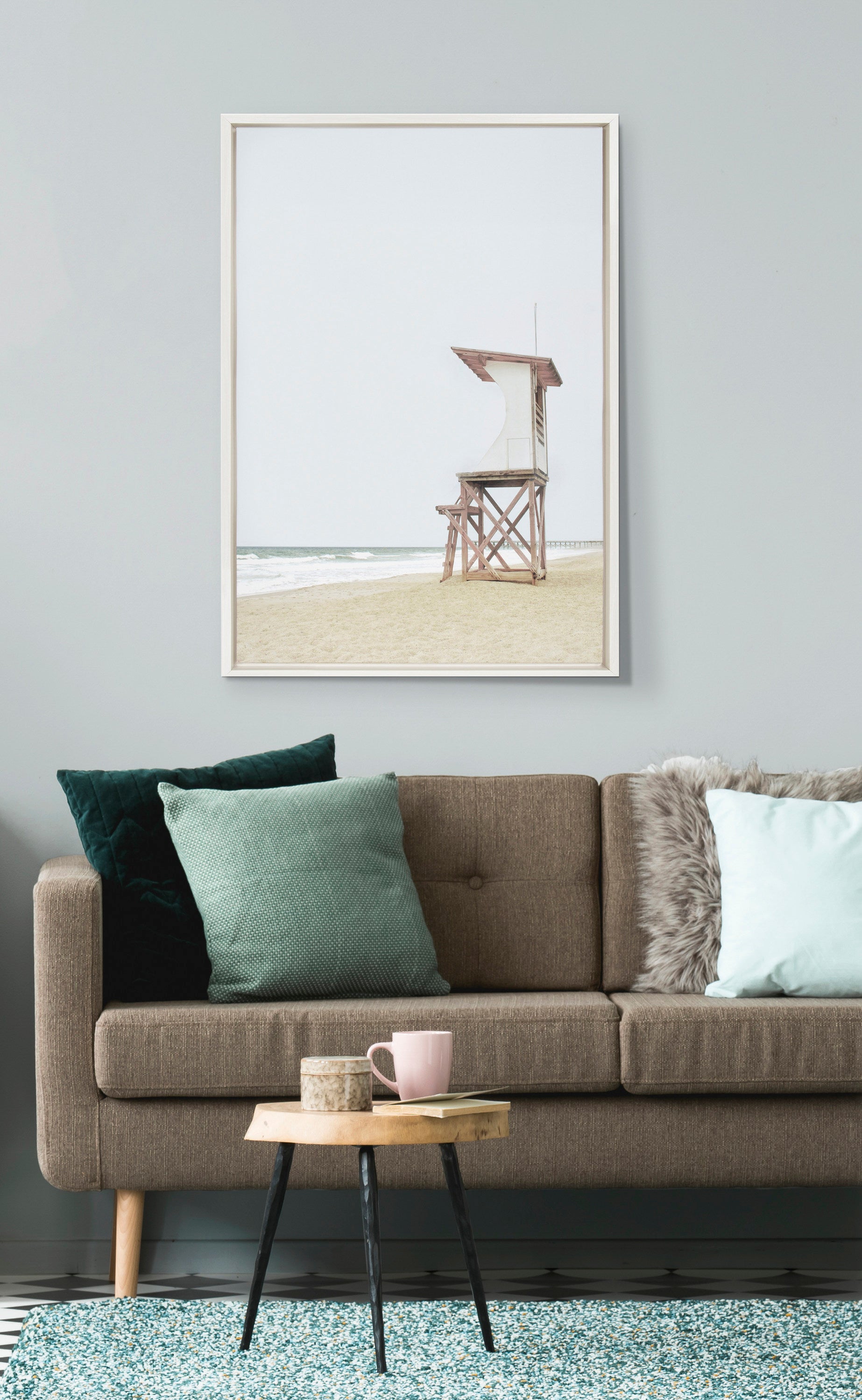 Sylvie Wood Ocean Beach Lifeguard Tower Framed Canvas by The Creative Bunch Studio
