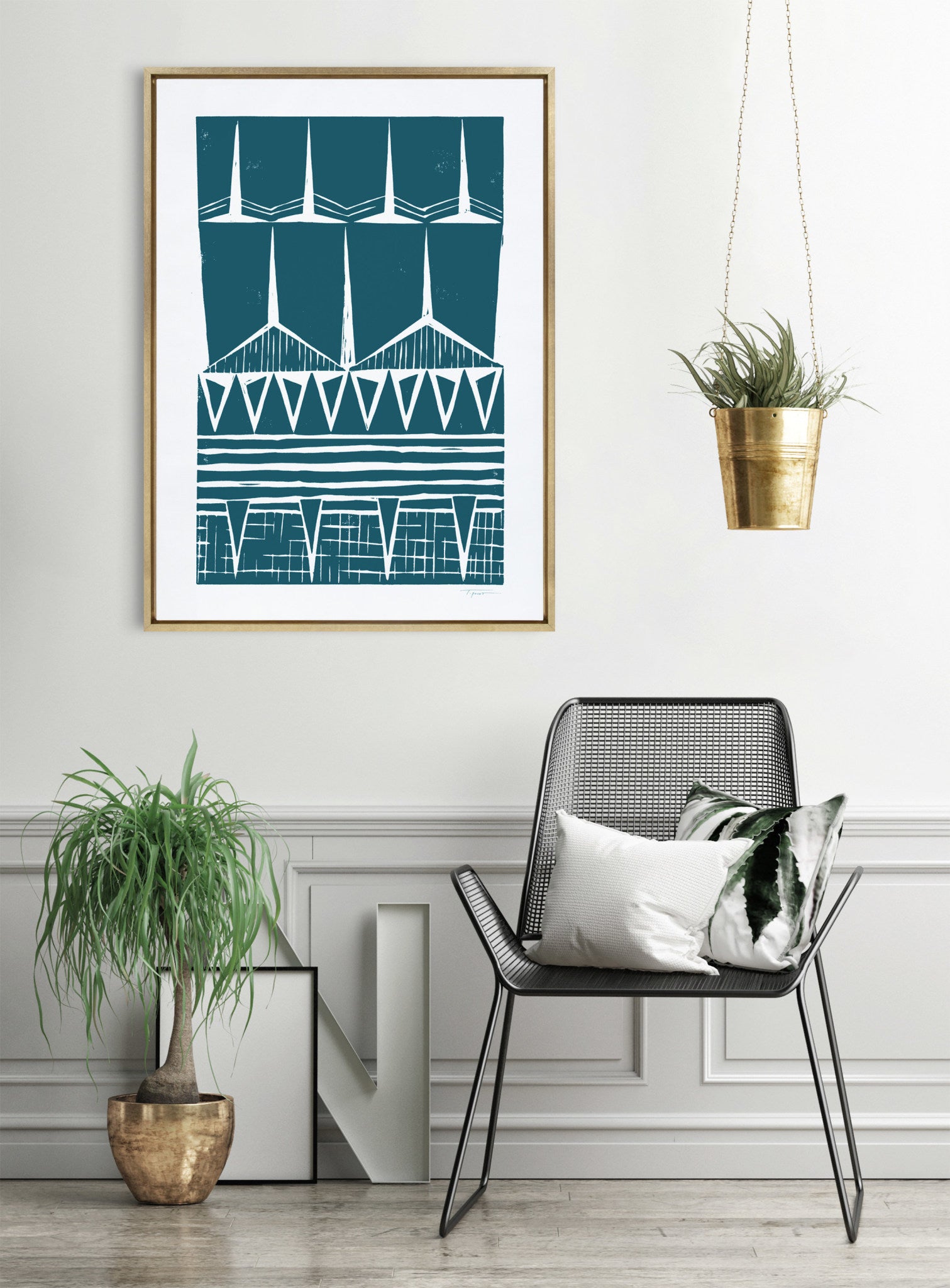 Sylvie Modern Tribal Block Print Teal Framed Canvas by Statement Goods