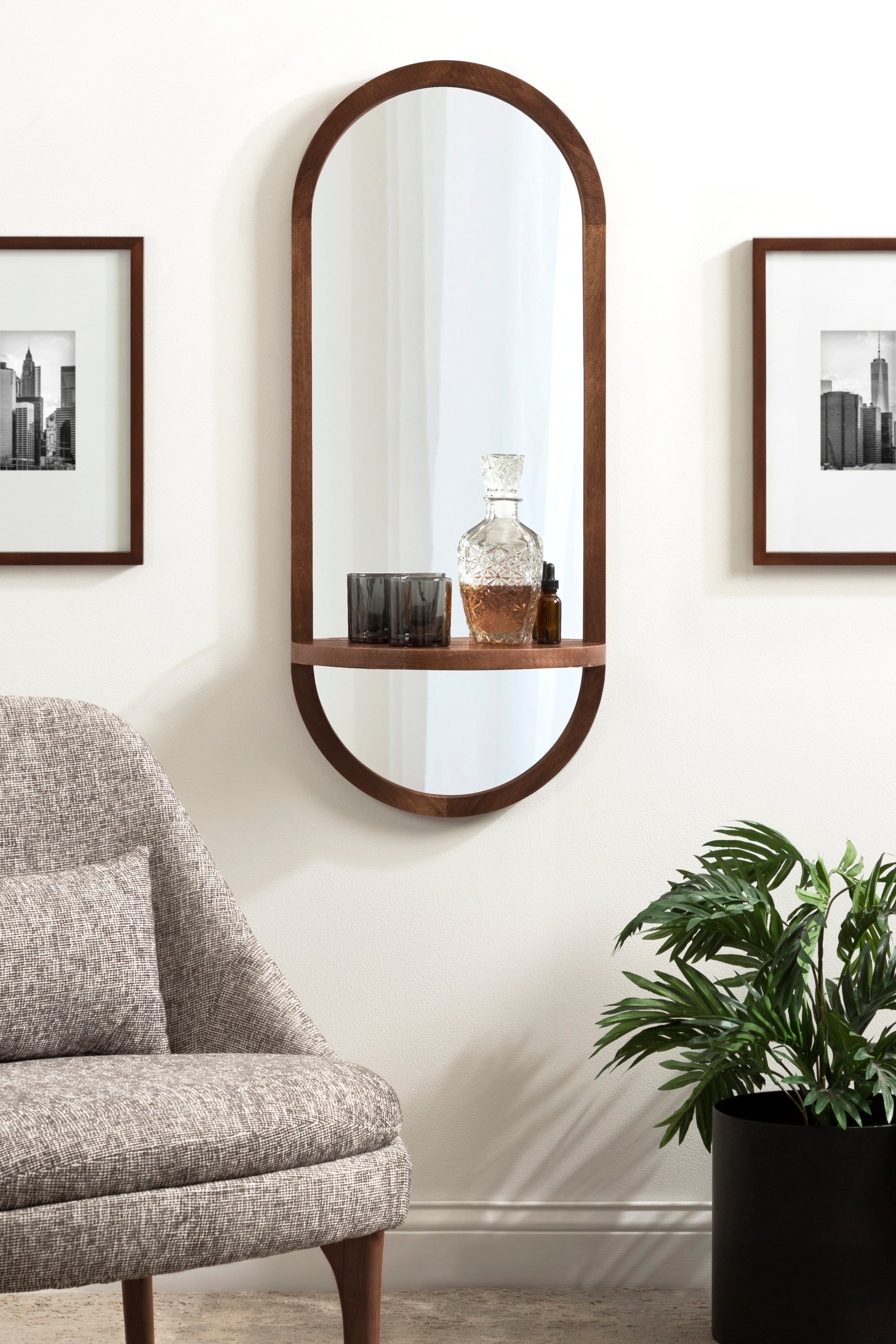 Hutton Wood Framed Capsule Mirror with Shelf