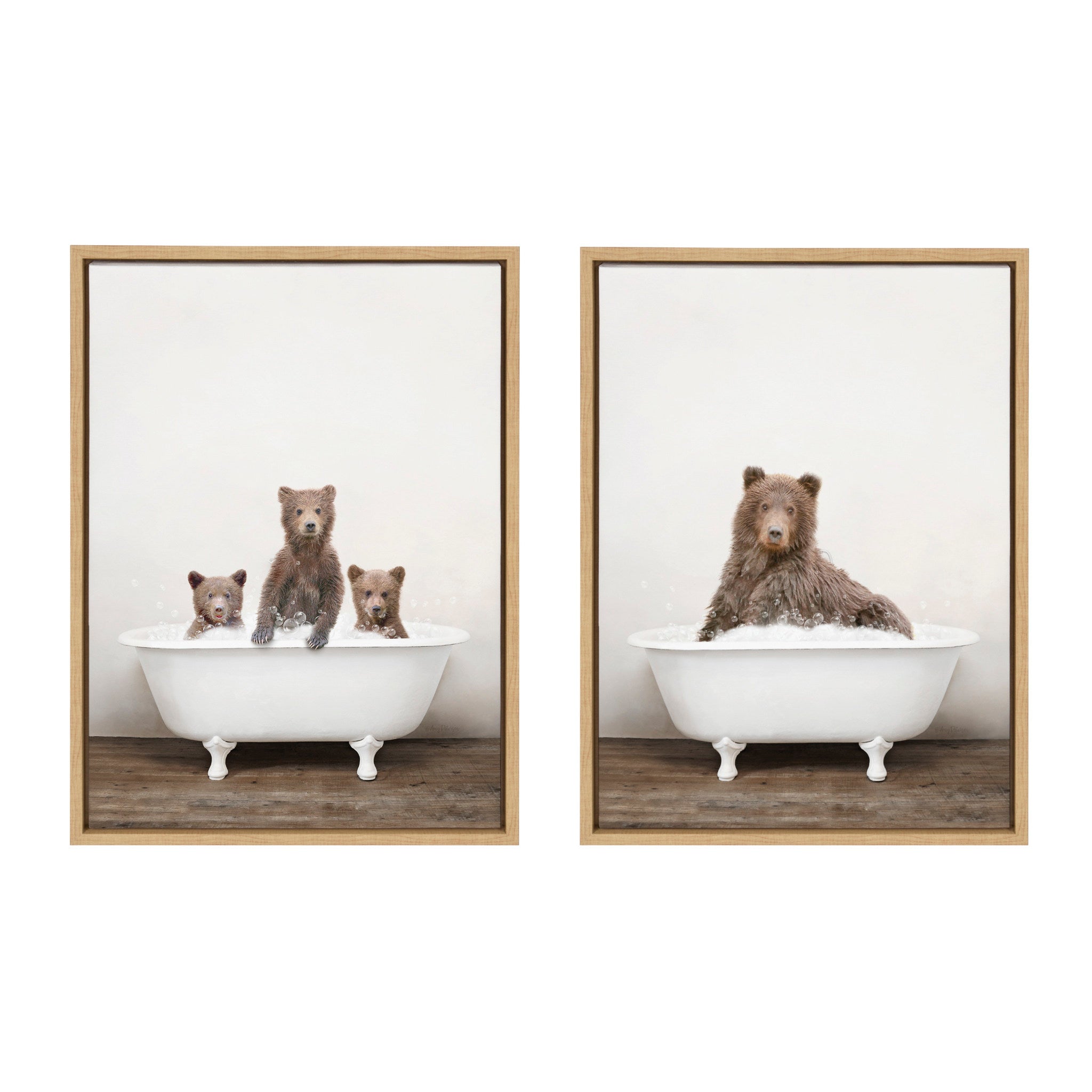 Sylvie Three Bears Rustic Bubble Bath and Bear Rustic Bubble Bath Framed Canvas by Amy Peterson Art Studio