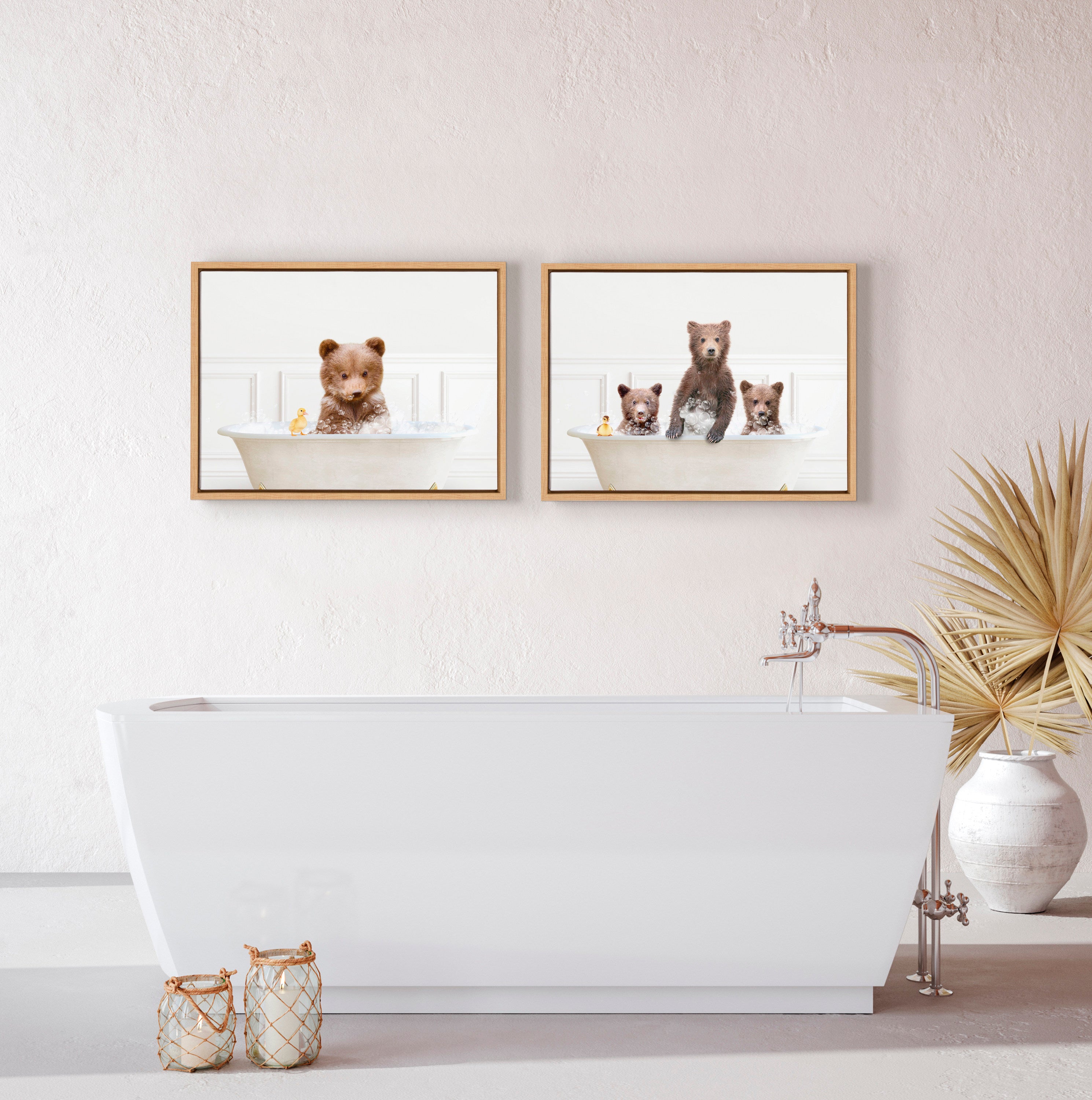 Sylvie Bear Cub In Bubble Bath Neutral Style Framed Canvas by Amy Peterson Art Studio