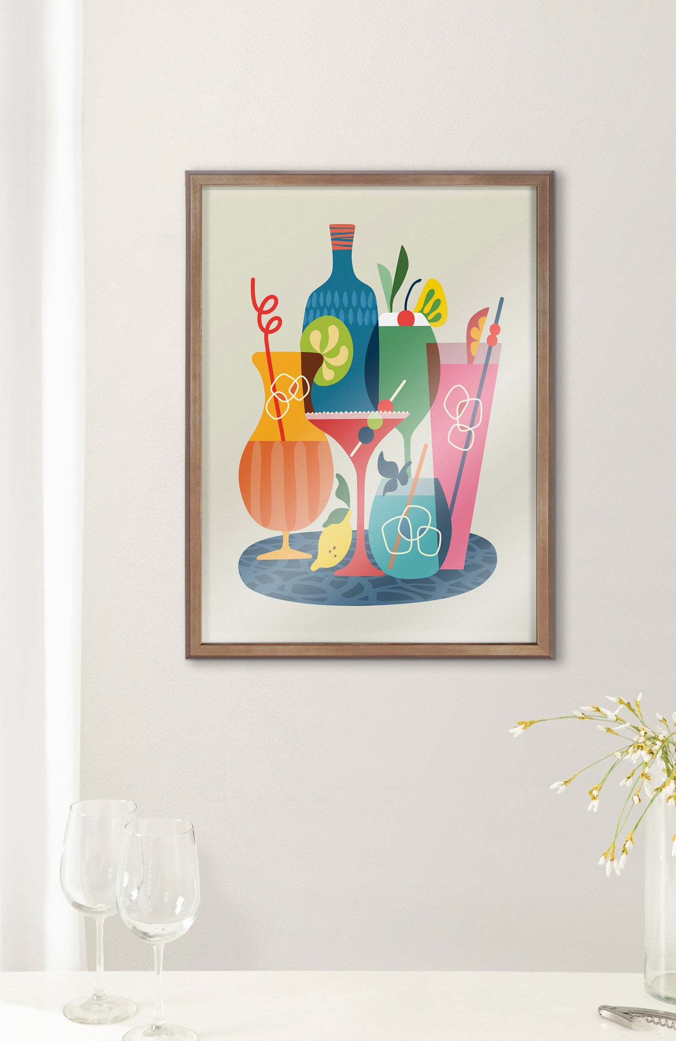 Blake Mid Century Modern Cocktails Framed Printed Glass by Rachel Lee of My Dream Wall