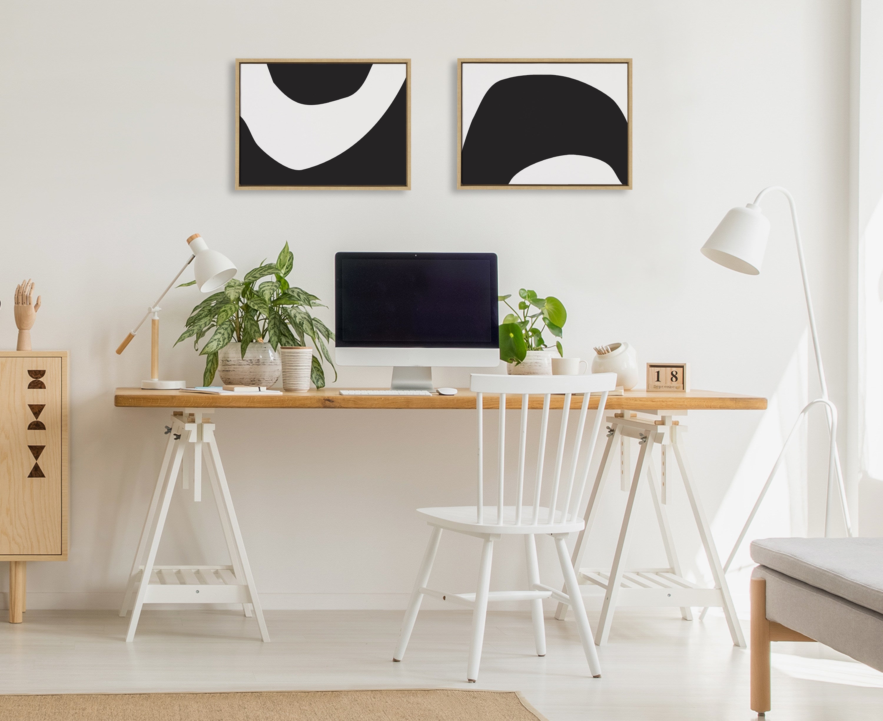 Sylvie Minimal Modern Organic Abstraction 1 and 2 Black and White Framed Canvas Art Set by The Creative Bunch Studio