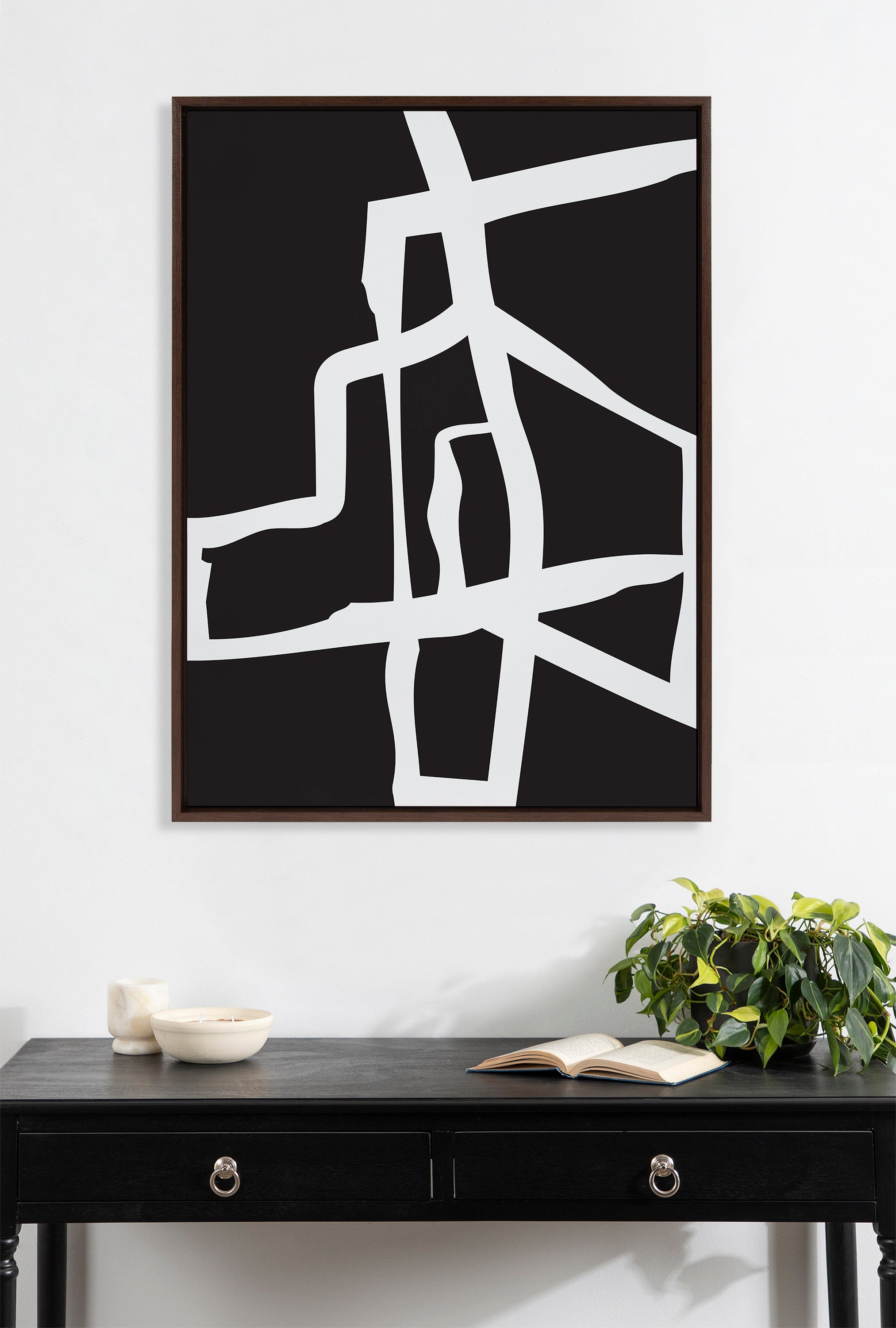 Sylvie Bold Sophisticated Abstract White Stroke Framed Canvas by The Creative Bunch Studio