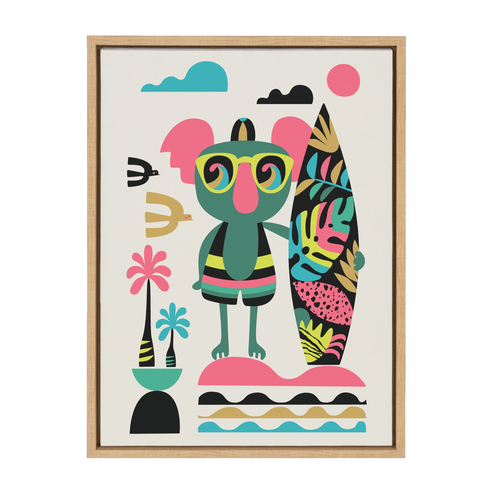 Sylvie Mid Century Modern Surf Koala Framed Canvas by Rachel Lee of My Dream Wall