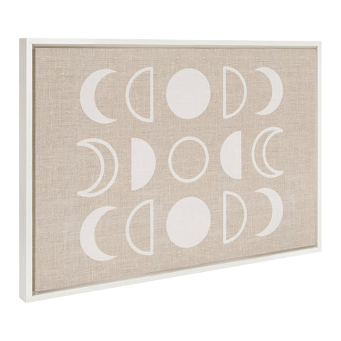 Sylvie Monochromatic Neutral Moons Burlap and White Framed Canvas by The Creative Bunch Studio