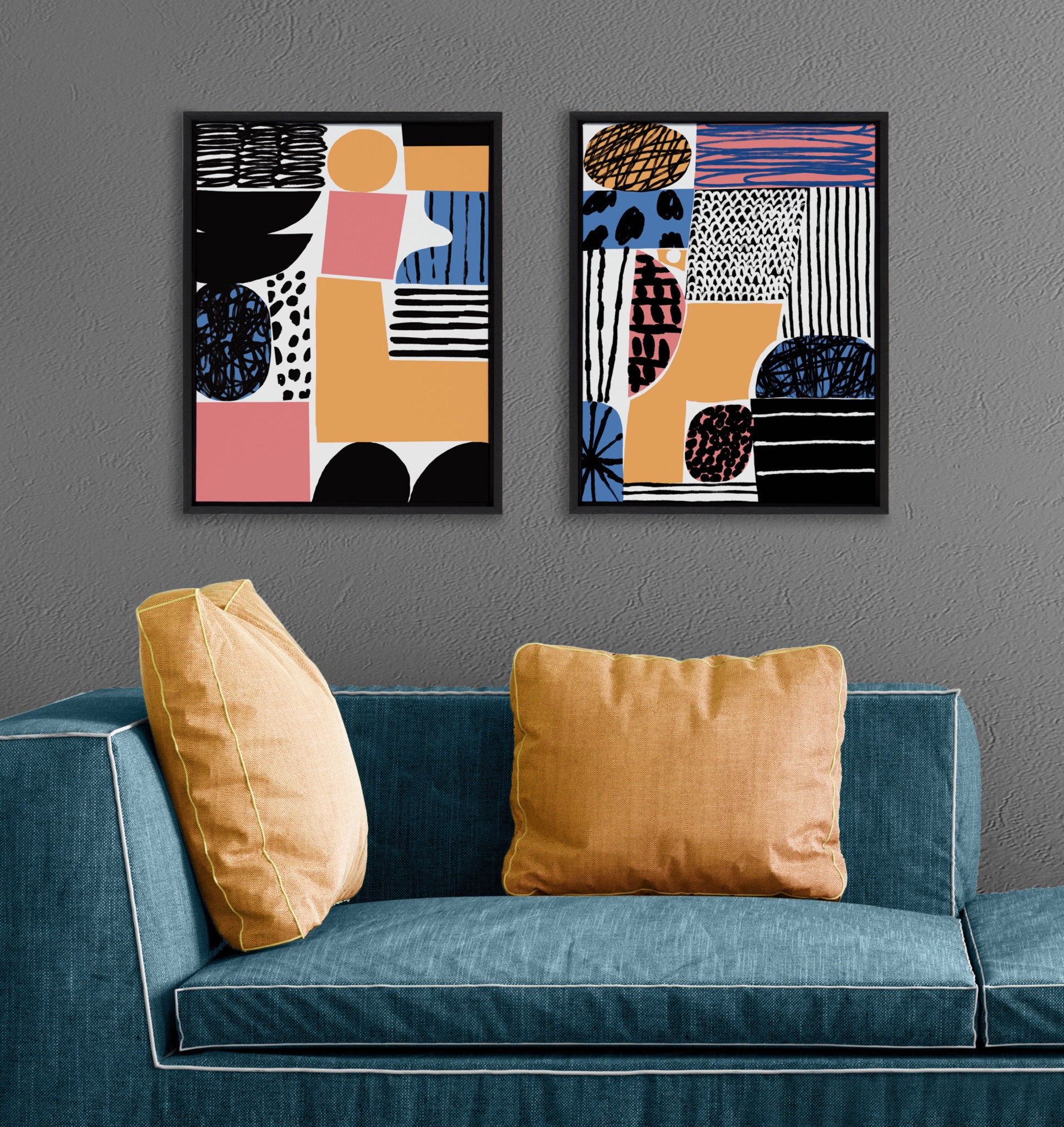 Sylvie Abstract Collage 3 and 4 Framed Canvas by Marcello Velho