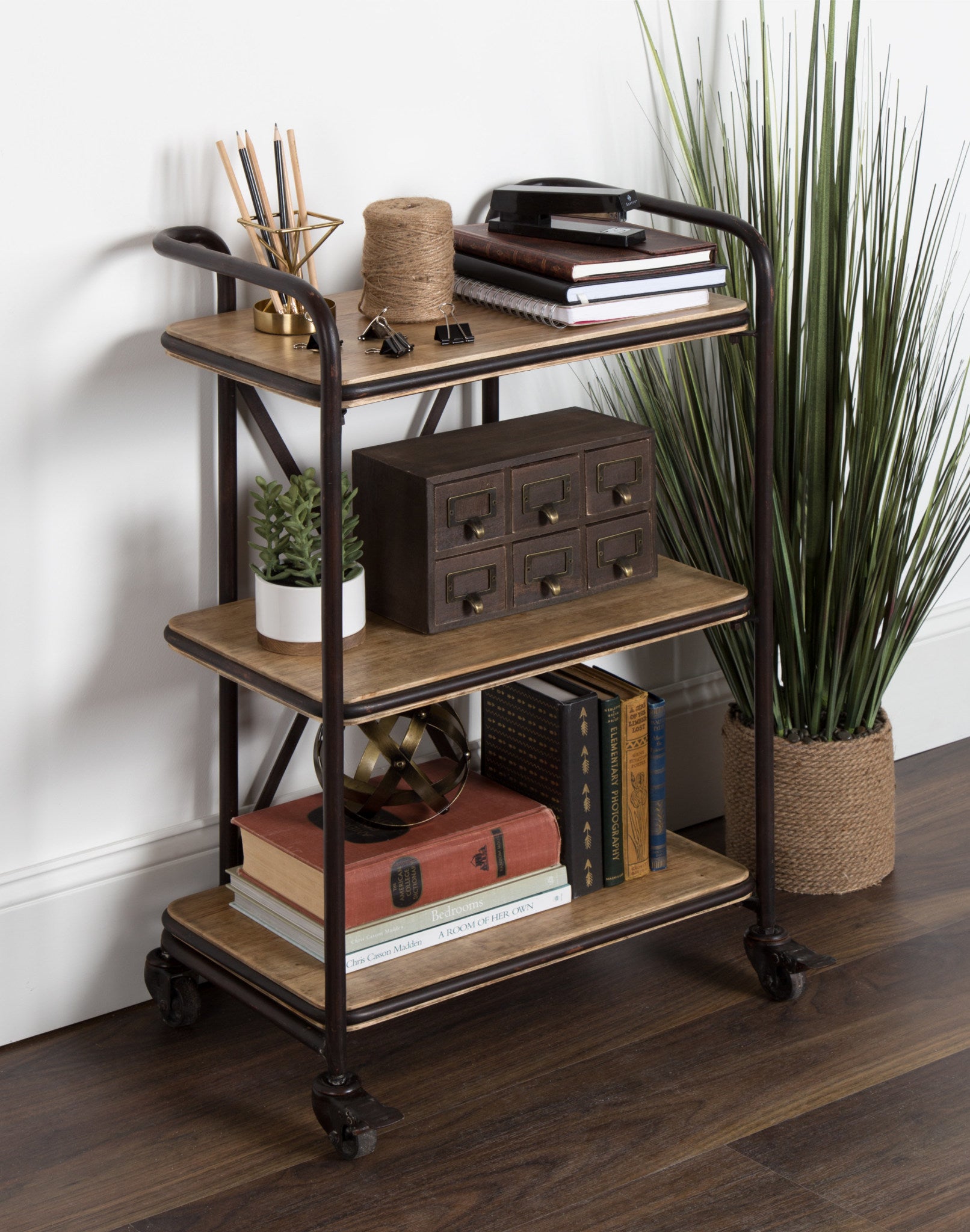 Kesson Metal and Wood 3 Tiered Rolling Bar Cart
