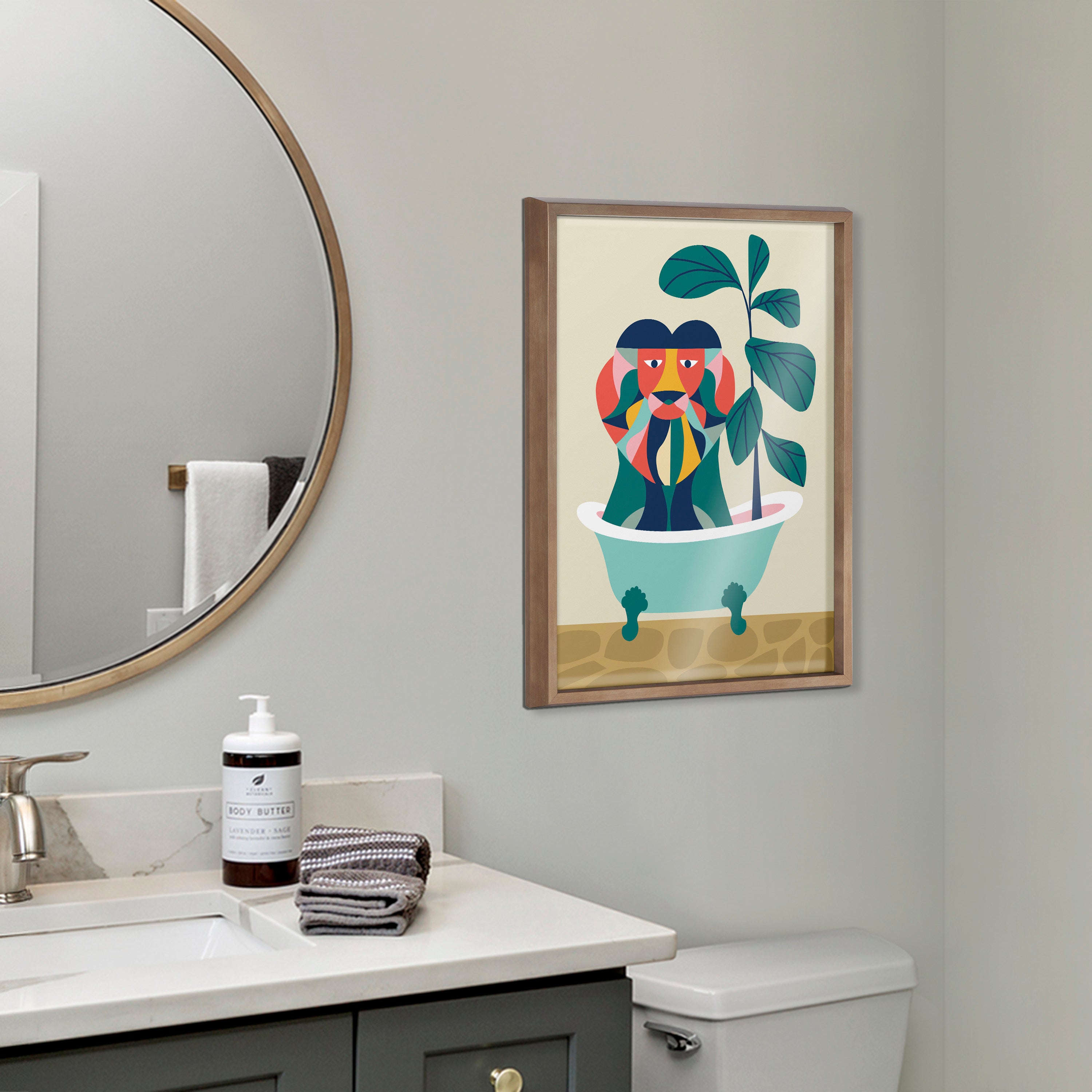 Blake Mid Century Modern Lion in Bathtub Framed Printed Glass by Rachel Lee of My Dream Wall
