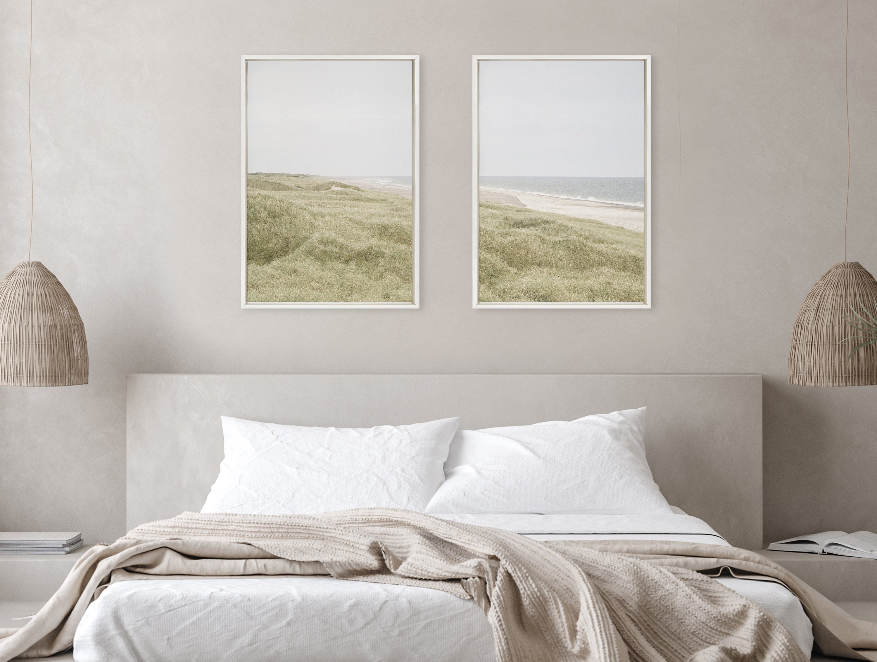Sylvie Peaceful and Serene Coastal Landscape Left and Right Framed Canvas Art Set by The Creative Bunch Studio