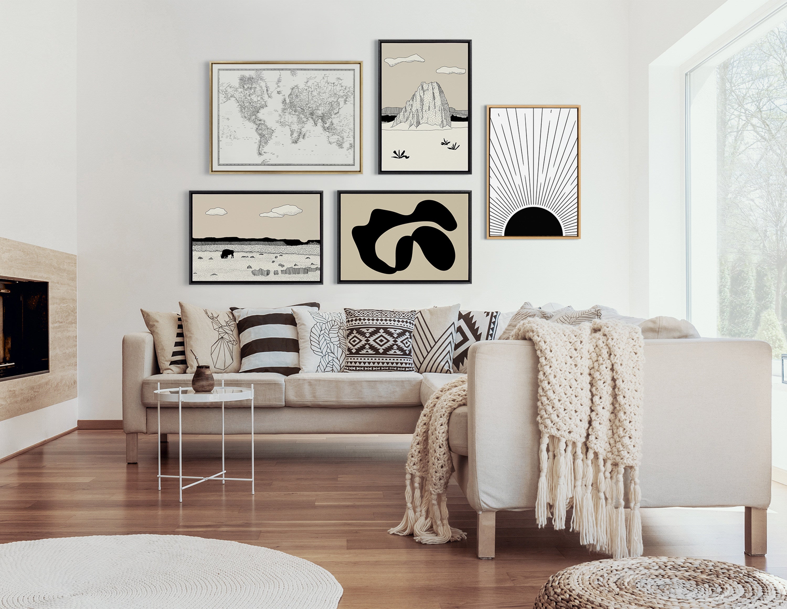 Sylvie Vintage Black and White World Map Framed Canvas by The Creative Bunch Studio