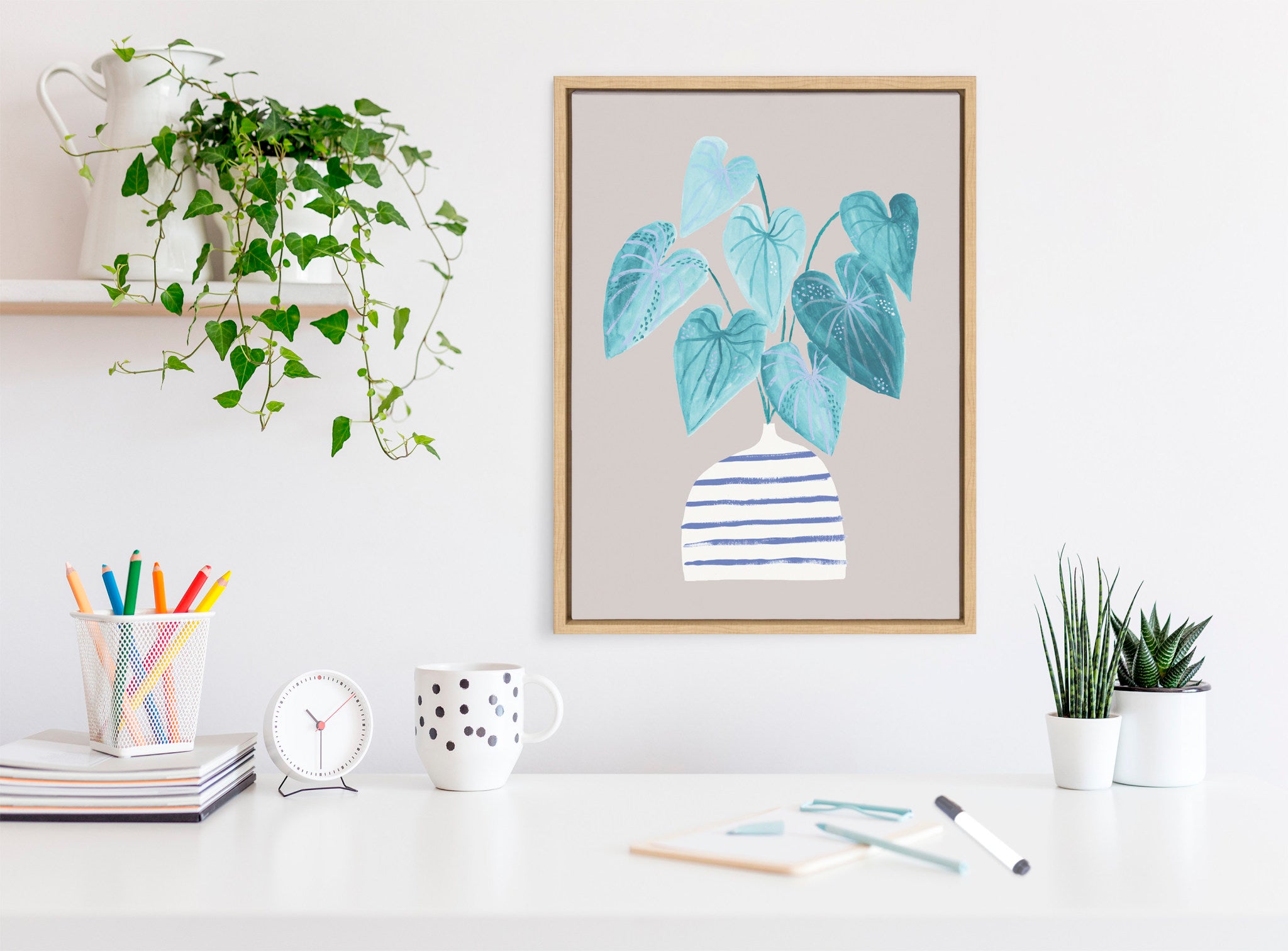 Sylvie Minimal Houseplant in Stripey Vase Gray Framed Canvas by Lauradidthis