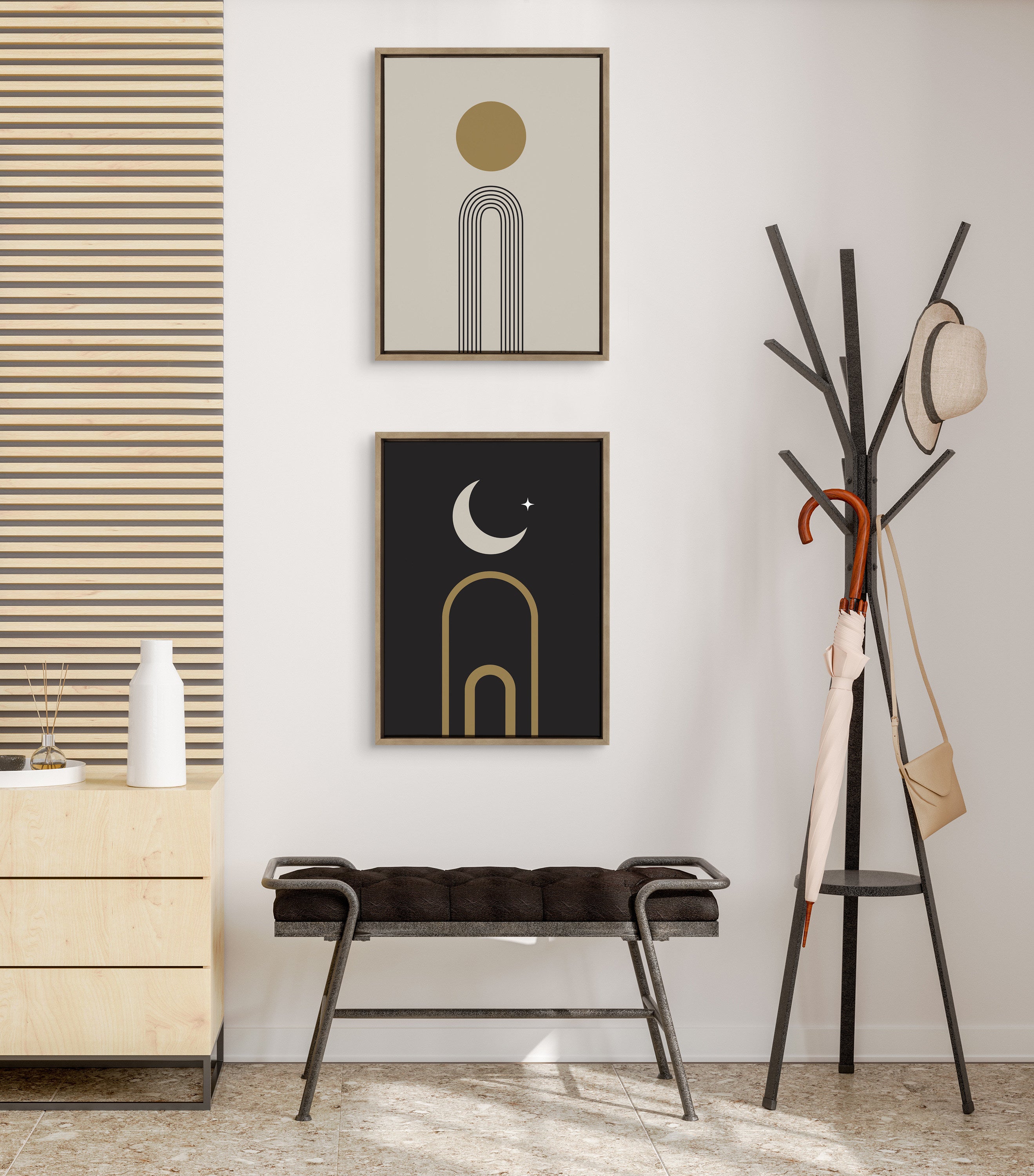 Sylvie Boho Minimalist Sunrise Rainbow and Boho Minimalist Moon Arches Framed Canvas Art Set by The Creative Bunch Studio