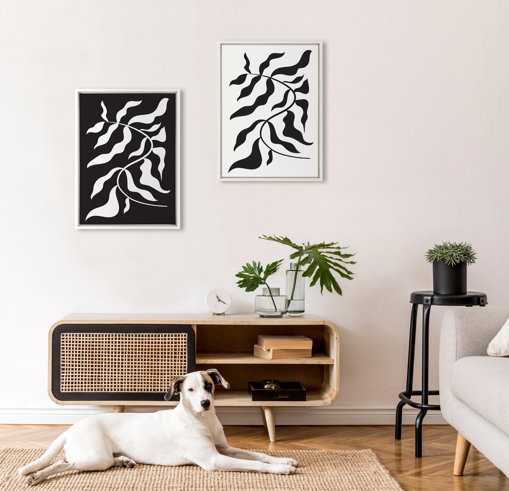 Sylvie Modern Matisse Inspired Botanical White on Black and Black on White Framed Canvas by The Creative Bunch Studio