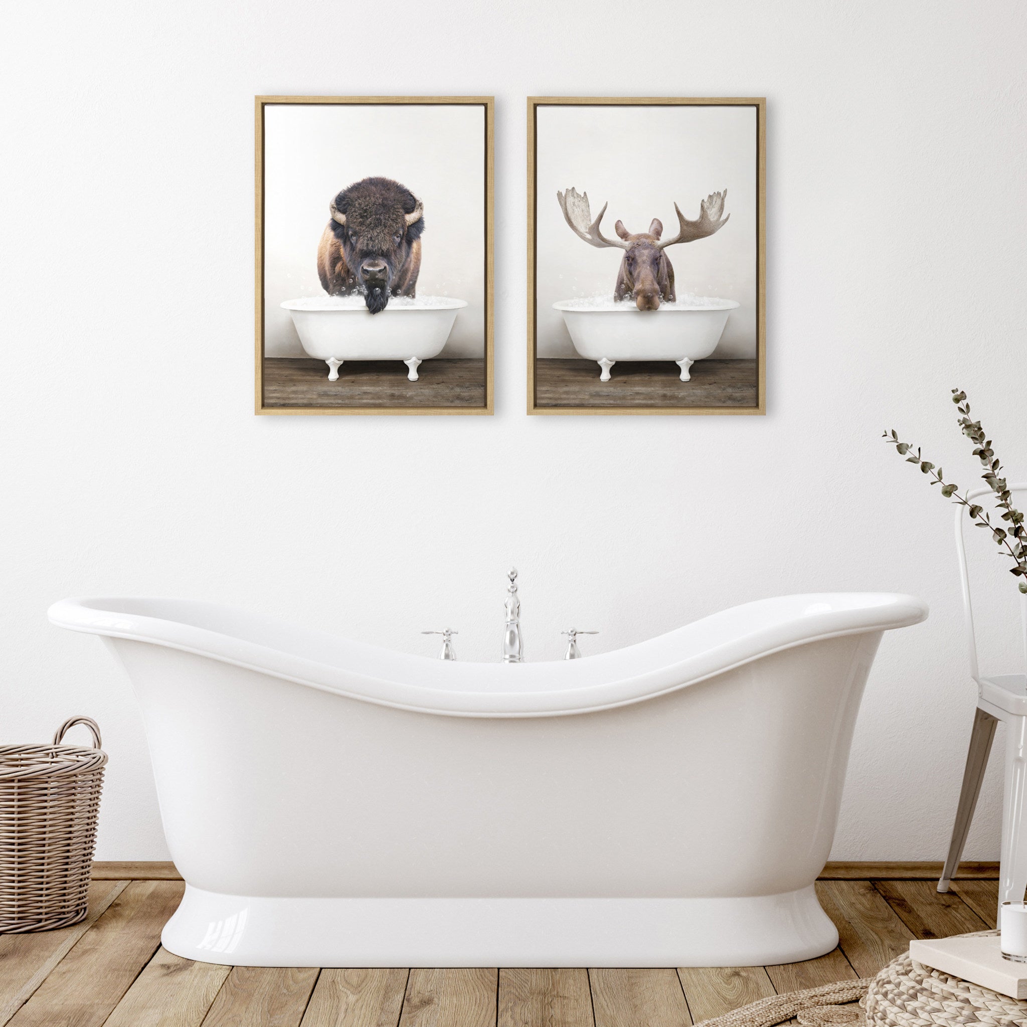 Sylvie Bison Rustic Bubble Bath and Moose Rustic Bubble Bath Framed Canvas by Amy Peterson Art Studio
