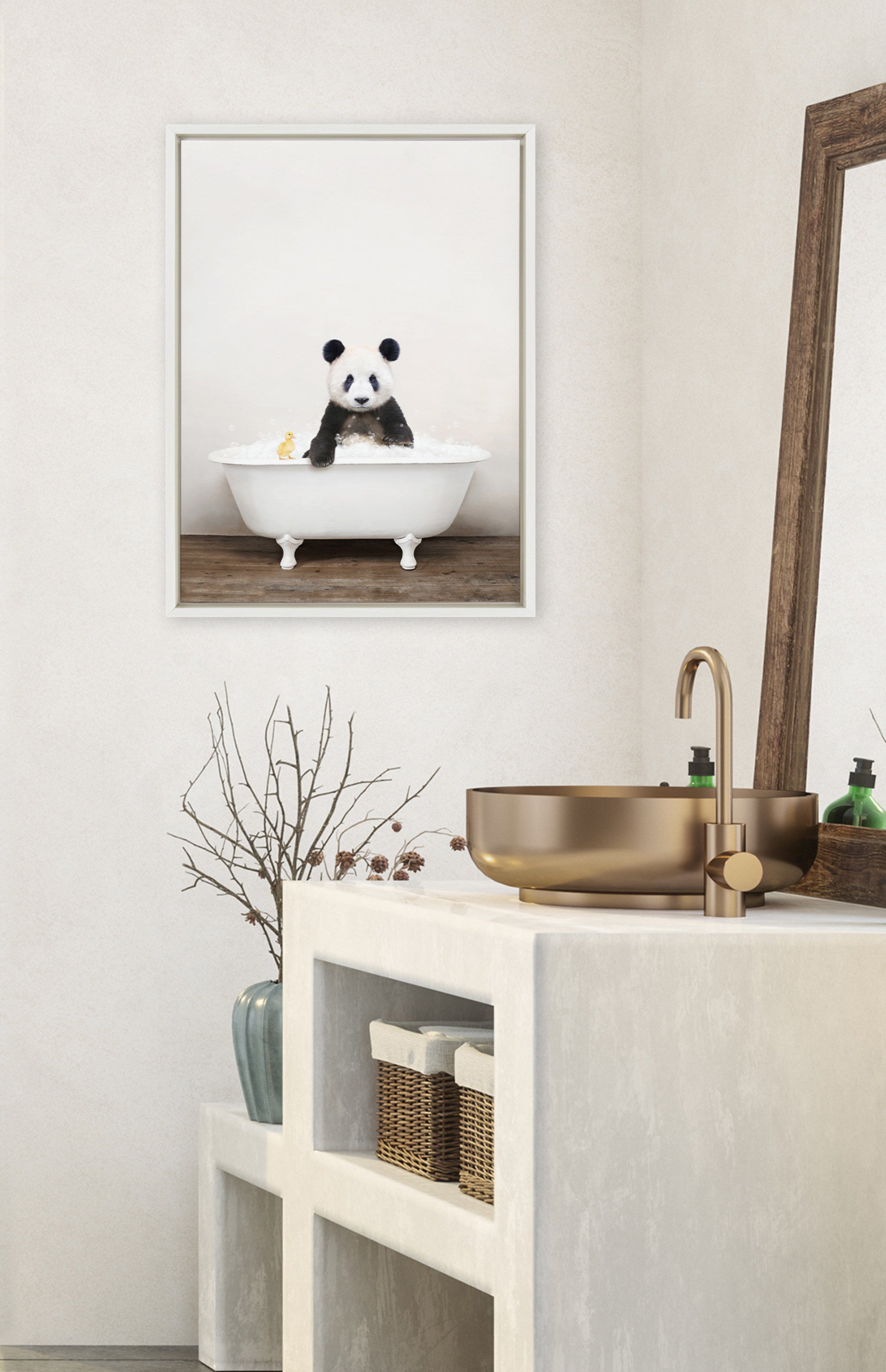 Sylvie Panda Waving in Rustic Bath Framed Canvas by Amy Peterson Art Studio