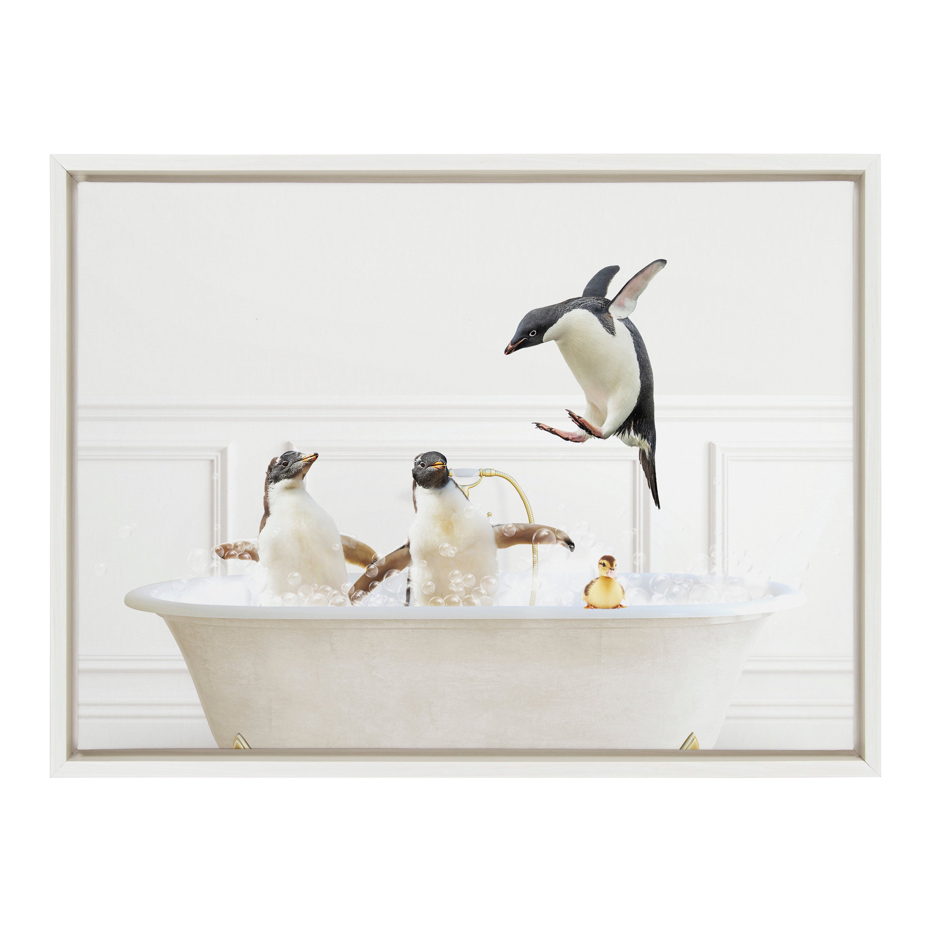 Sylvie Penguins In Bubble Bath Neutral Style Framed Canvas by Amy Peterson Art Studio