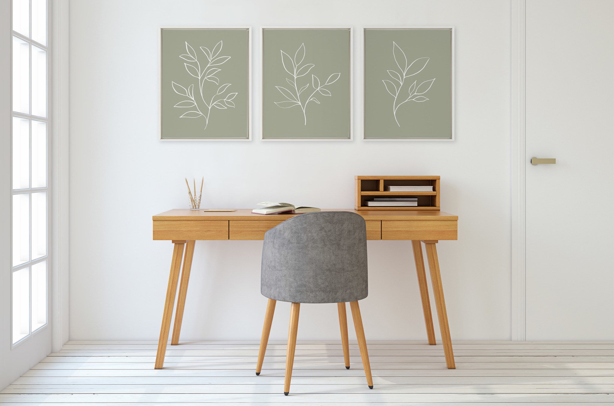 Sylvie Modern Sage Green Botanical Line Sketch Print 1, 2 and 3 Framed Canvas by The Creative Bunch Studio