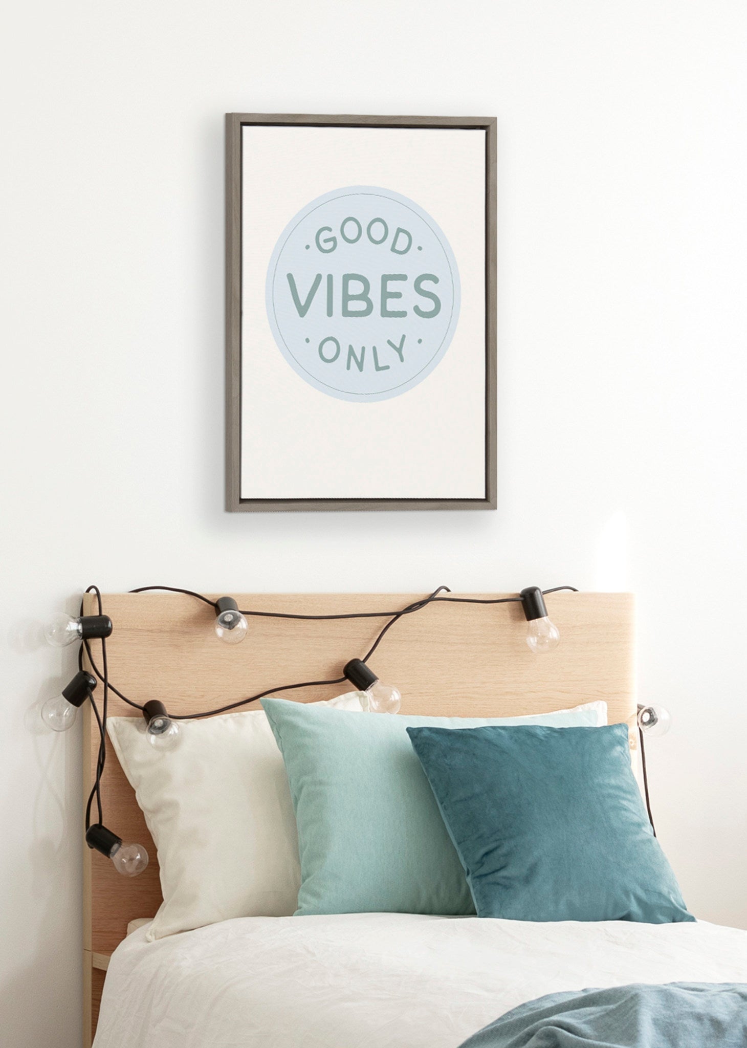 Sylvie Good Vibes Only Pale Blue Button Framed Canvas by The Creative Bunch Studio
