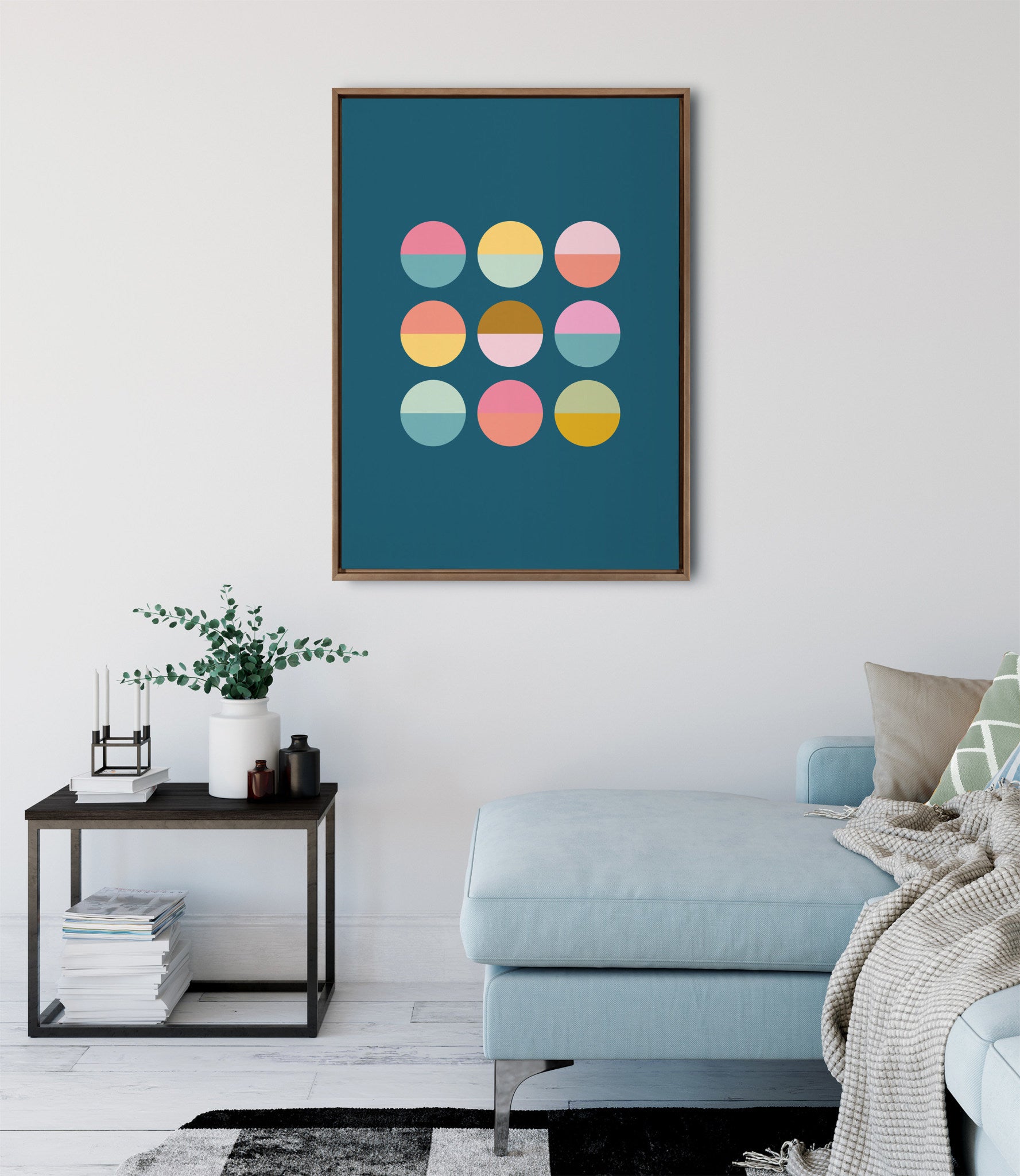 Sylvie Circles In Blue Framed Canvas by Apricot and Birch