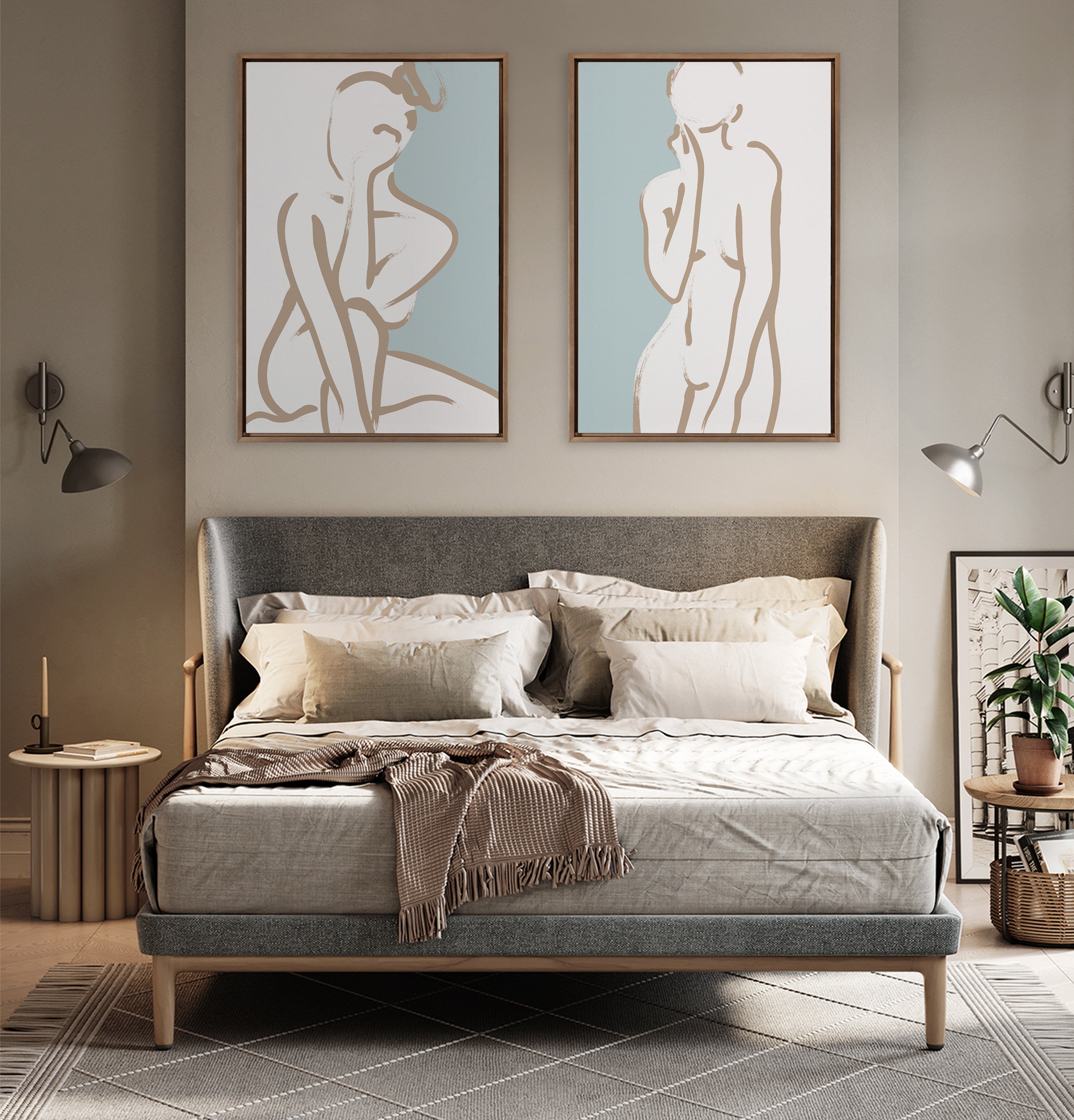 Sylvie Simple Romantic Line Art Drawing 1 Tan and Teal Framed Canvas by The Creative Bunch Studio