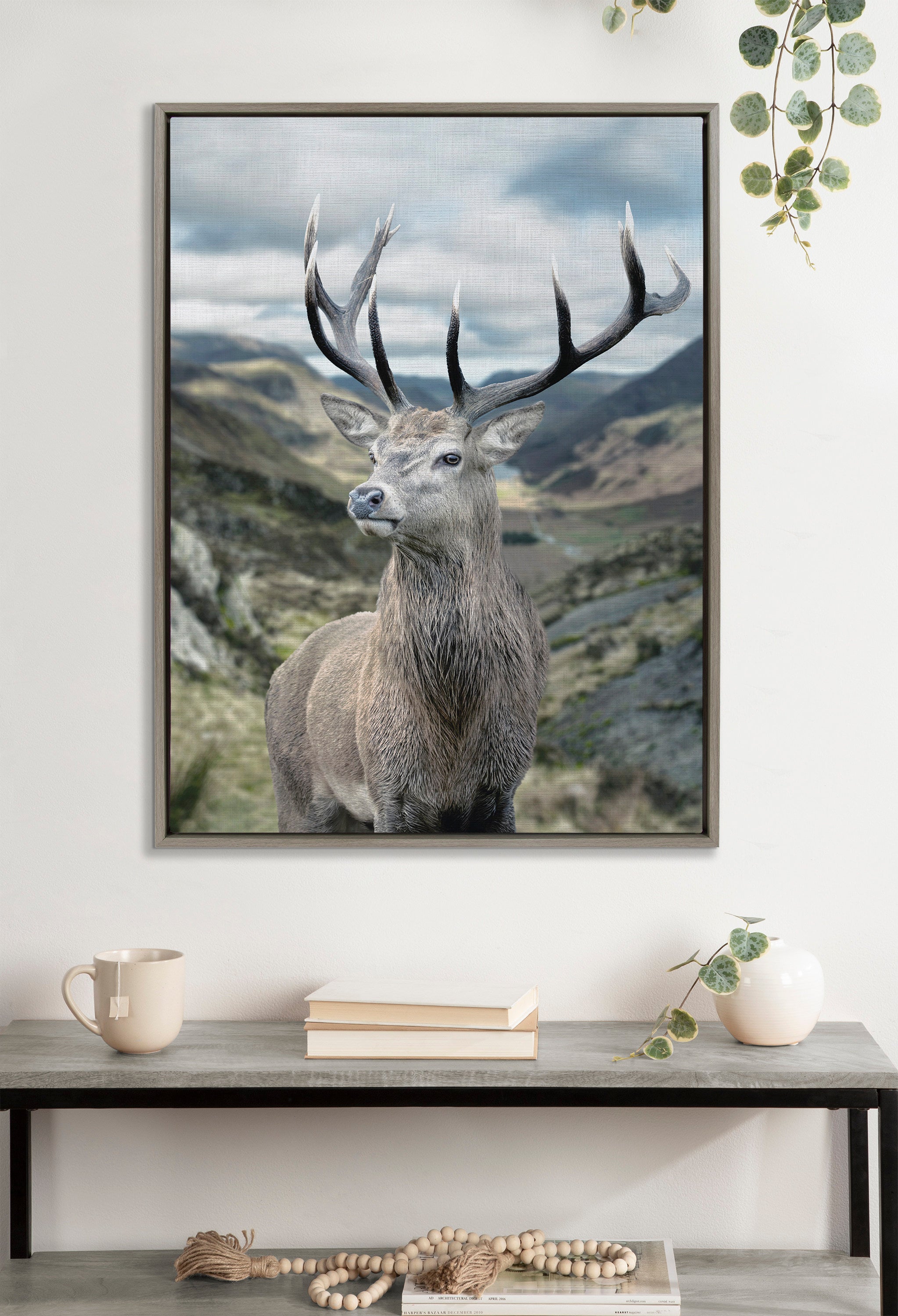 Sylvie Rosebud Deer Portrait with Linen Texture Framed Canvas by The Creative Bunch Studio