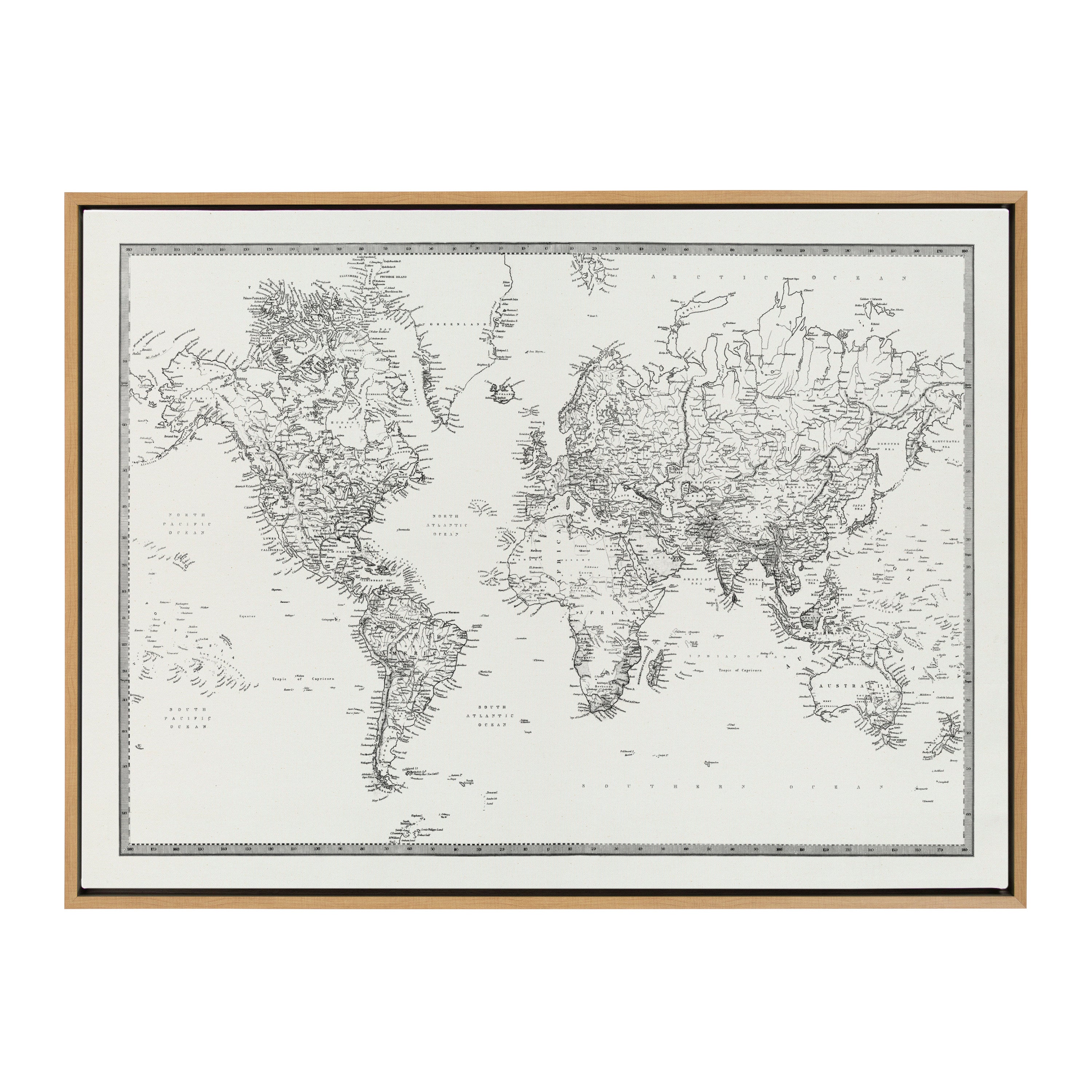 Sylvie Vintage Black and White World Map Framed Canvas by The Creative Bunch Studio