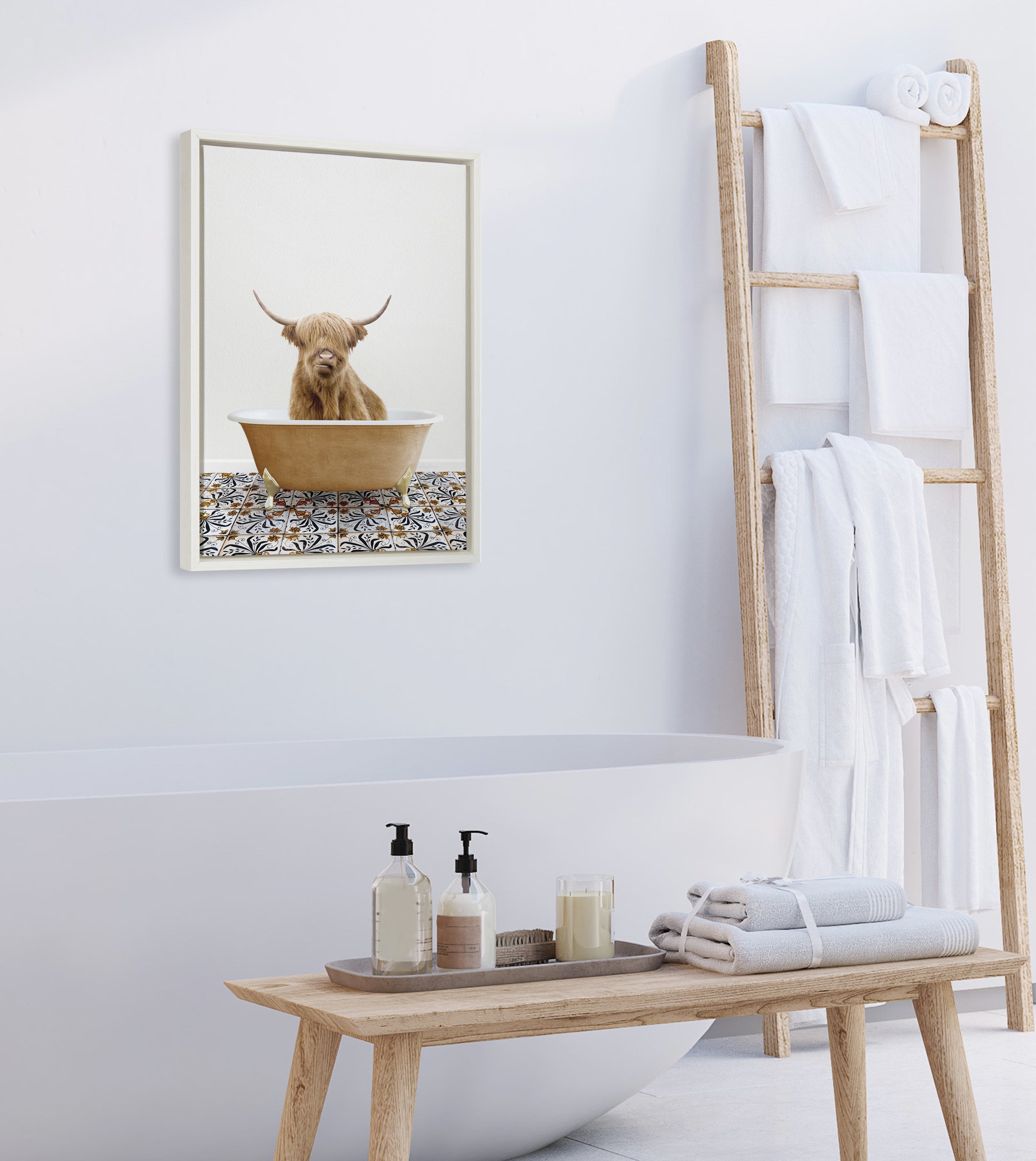 Sylvie Highland Cow In Mediterranean Bath Framed Canvas by Amy Peterson Art Studio