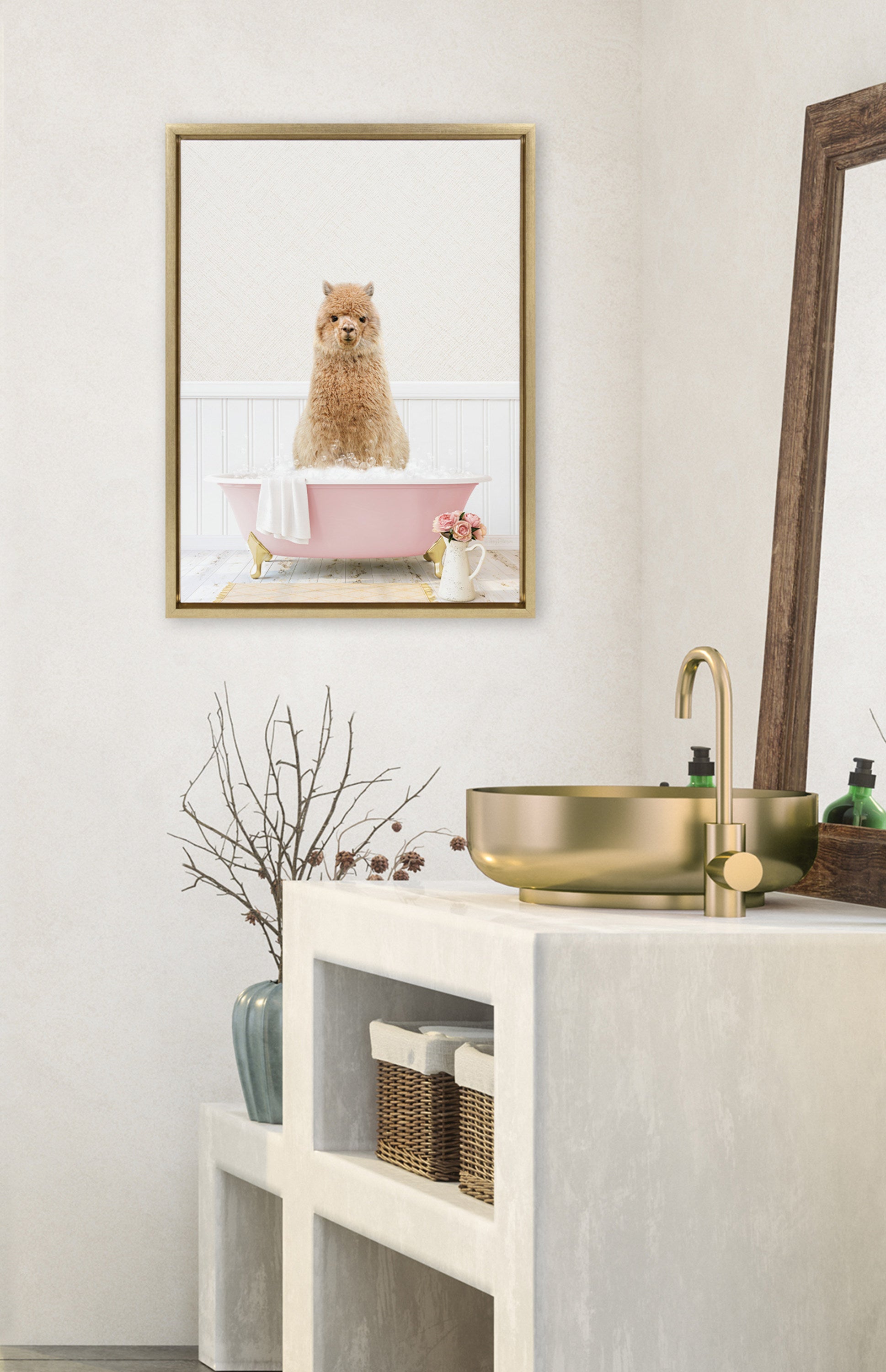 Sylvie Alpaca in Cottage Rose Bath Framed Canvas by Amy Peterson Art Studio